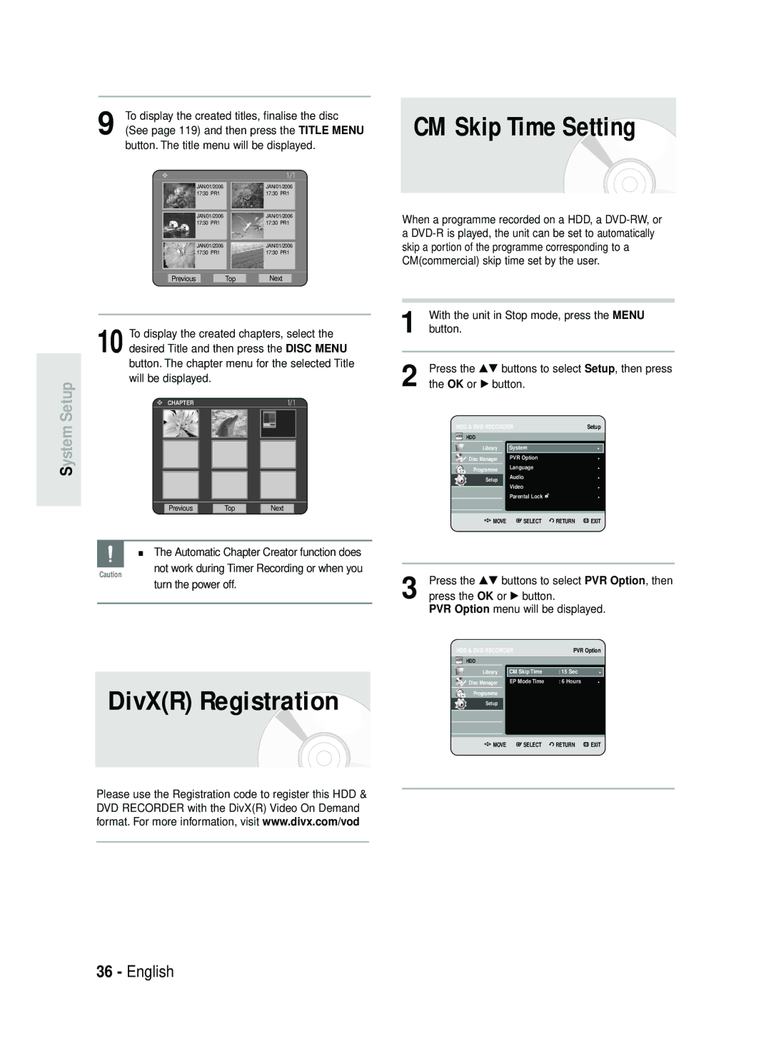 Samsung DVD-HR737/XEH, DVD-HR735/XEH manual CM Skip Time Setting, DivXR Registration 