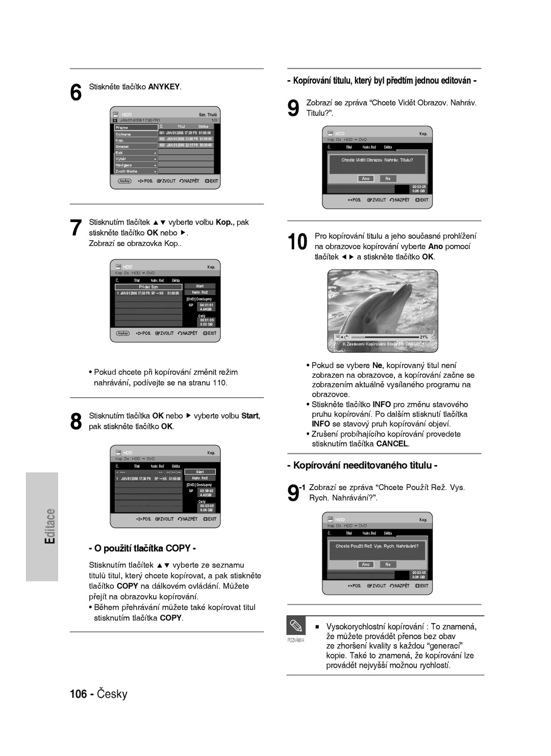 Samsung DVD-HR737/XEH, DVD-HR735/XEH manual 106 Česky, Použití tlačítka Copy, Kopírování needitovaného titulu 