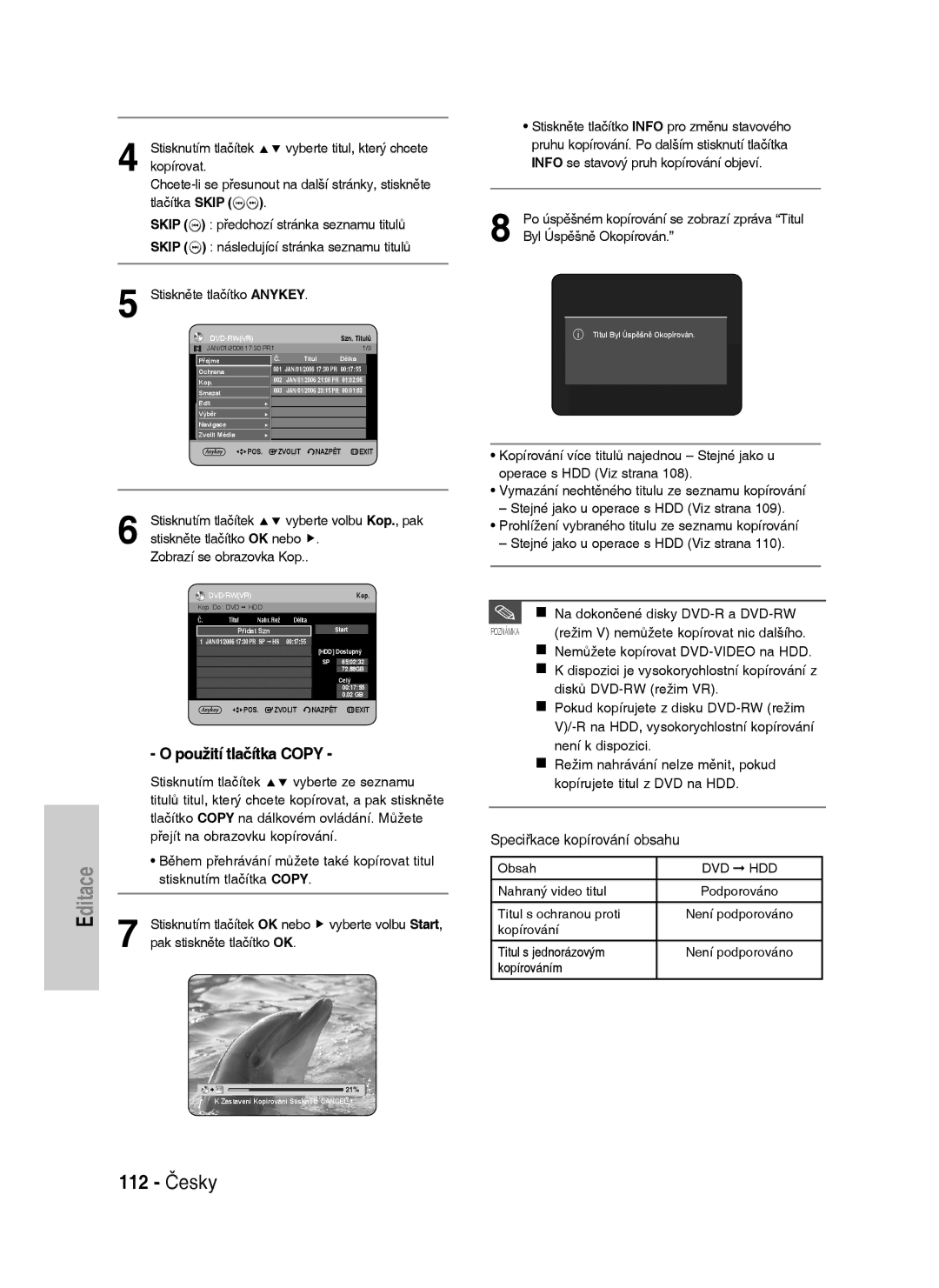 Samsung DVD-HR737/XEH, DVD-HR735/XEH manual 112 Česky, Kopírovat, Tlačítka Skip 