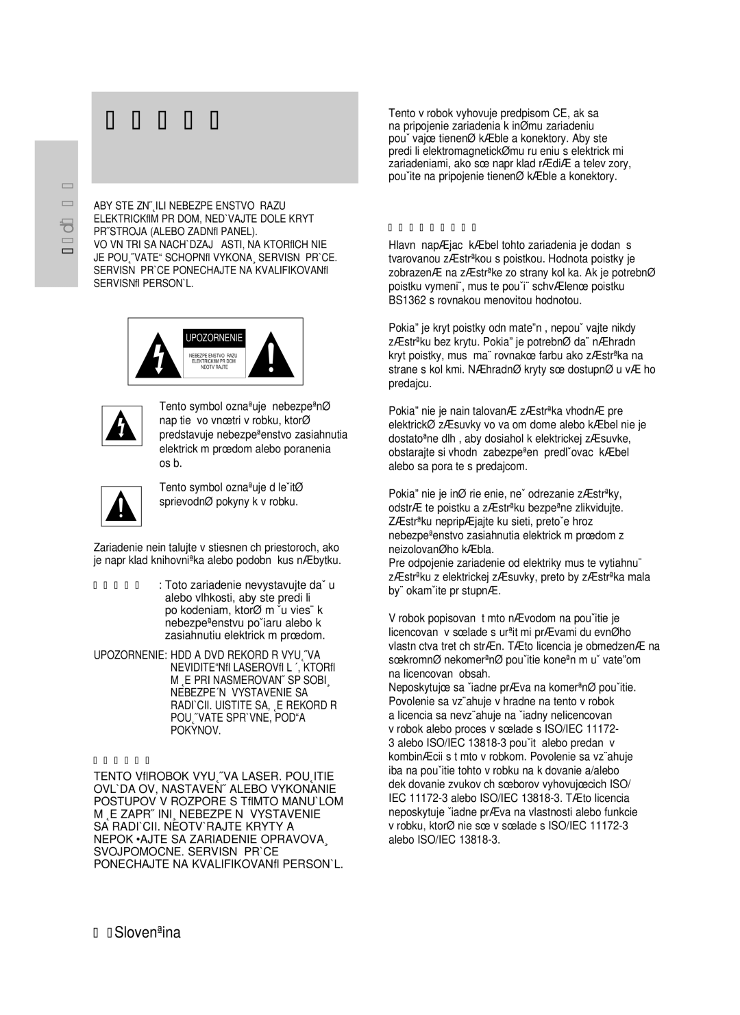 Samsung DVD-HR735/XEH, DVD-HR737/XEH manual Varovanie, Upozornenie 