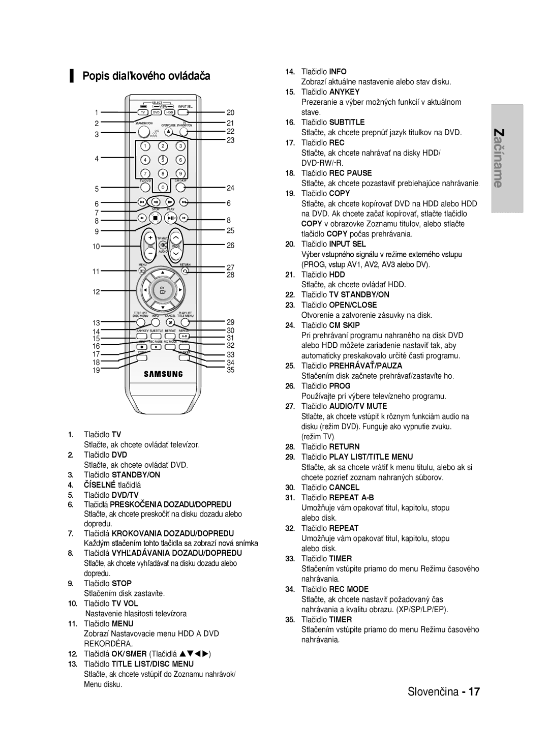 Samsung DVD-HR737/XEH, DVD-HR735/XEH manual Popis diaľkového ovládača 