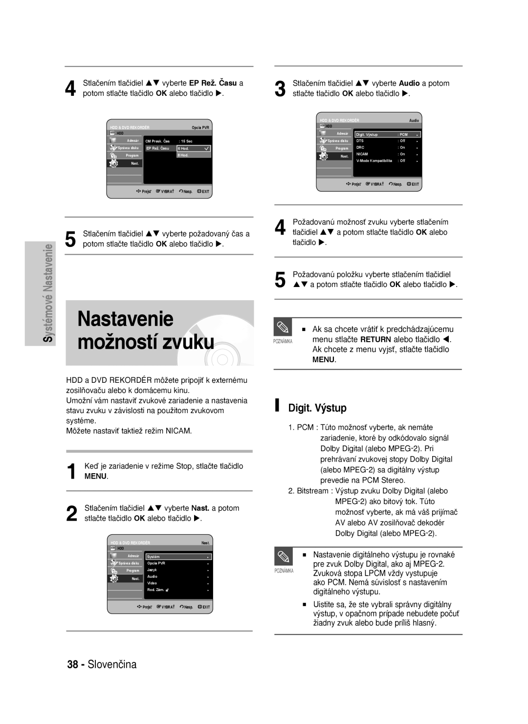 Samsung DVD-HR735/XEH, DVD-HR737/XEH manual Možností zvuku, Digit. Výstup, Nastavenie digitálneho v˘stupu je rovnaké 