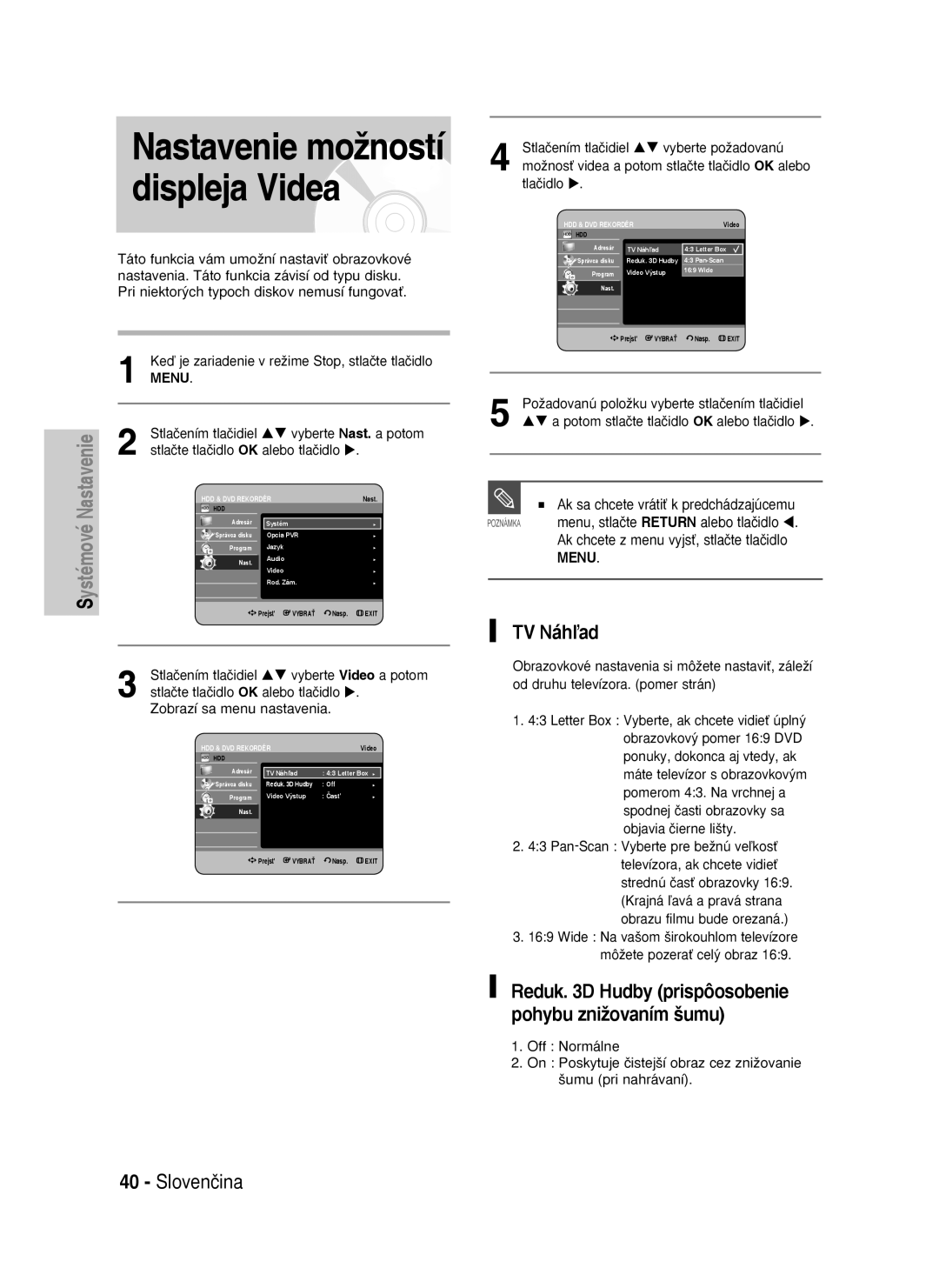 Samsung DVD-HR735/XEH, DVD-HR737/XEH manual TV Náhľad, Reduk D Hudby prispôosobenie pohybu znižovaním šumu 