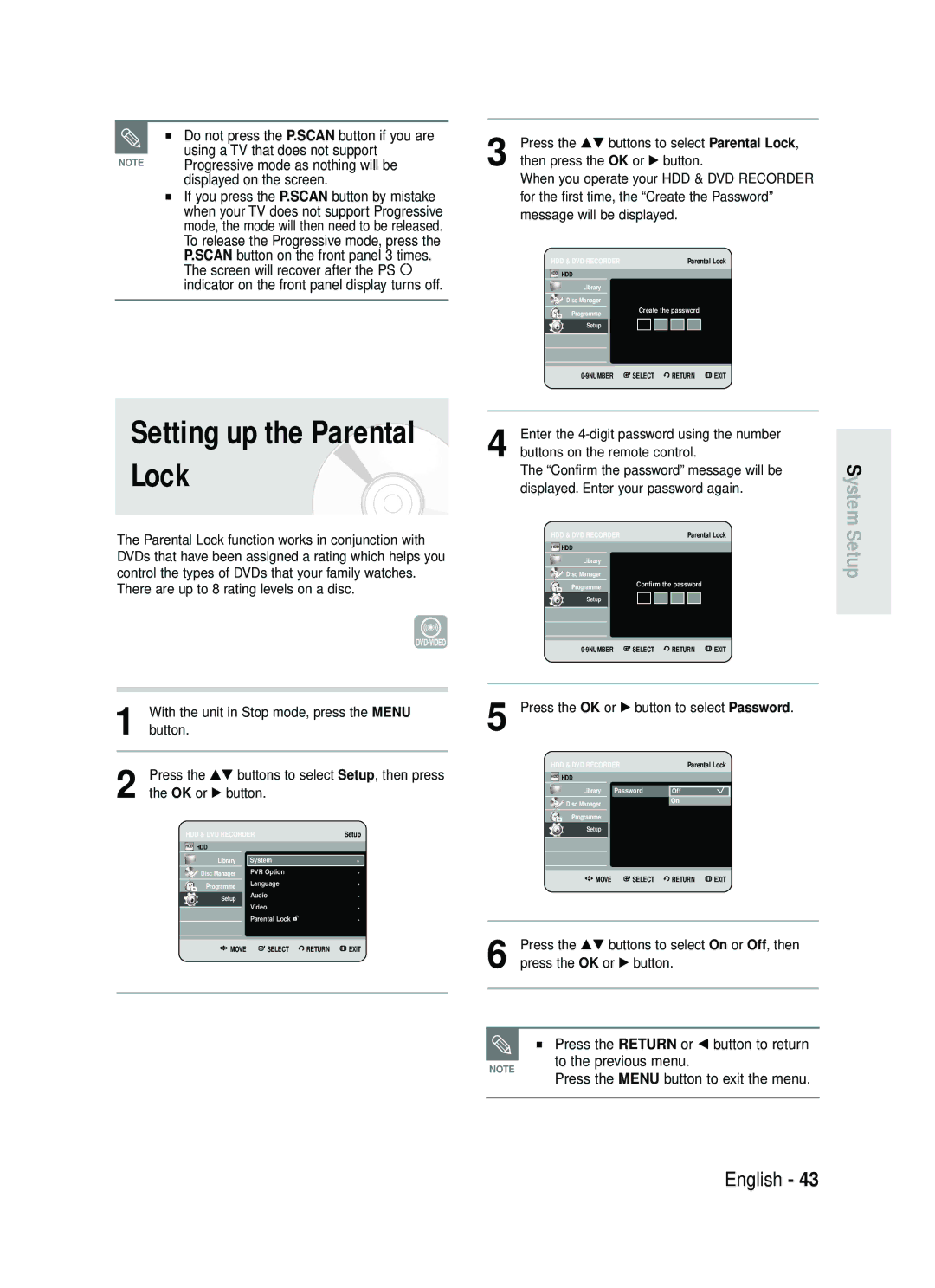 Samsung DVD-HR735/XEH, DVD-HR737/XEH manual Setting up the Parental Lock 