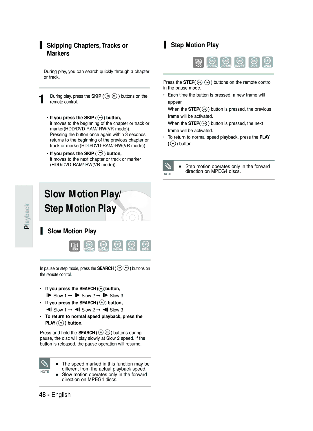 Samsung DVD-HR737/XEH, DVD-HR735/XEH manual Skipping Chapters, Tracks or, Markers, Slow Motion Play, Step Motion Play 