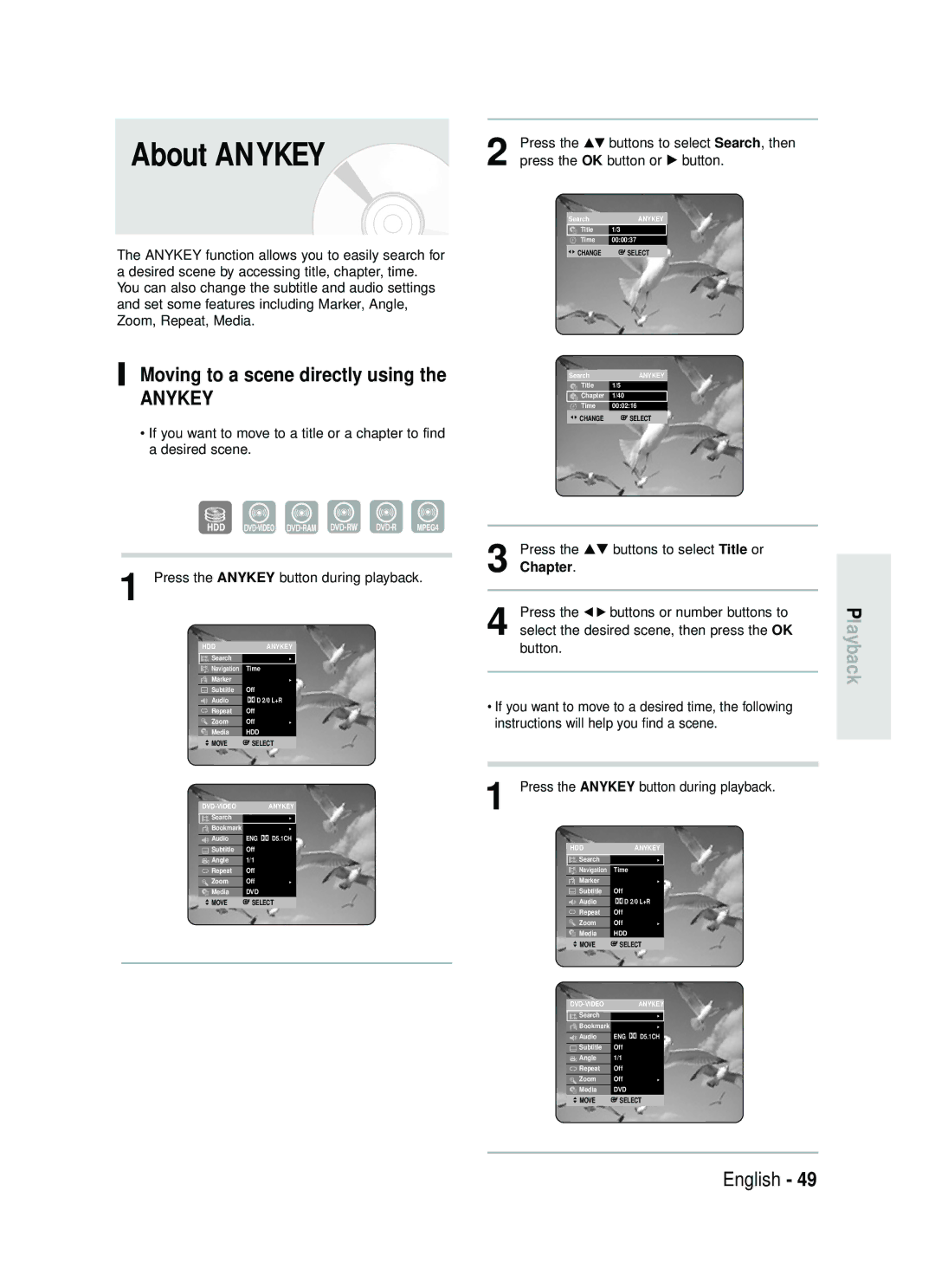 Samsung DVD-HR735/XEH manual About Anykey, Moving to a scene directly using, Press the …† buttons to select Search, then 