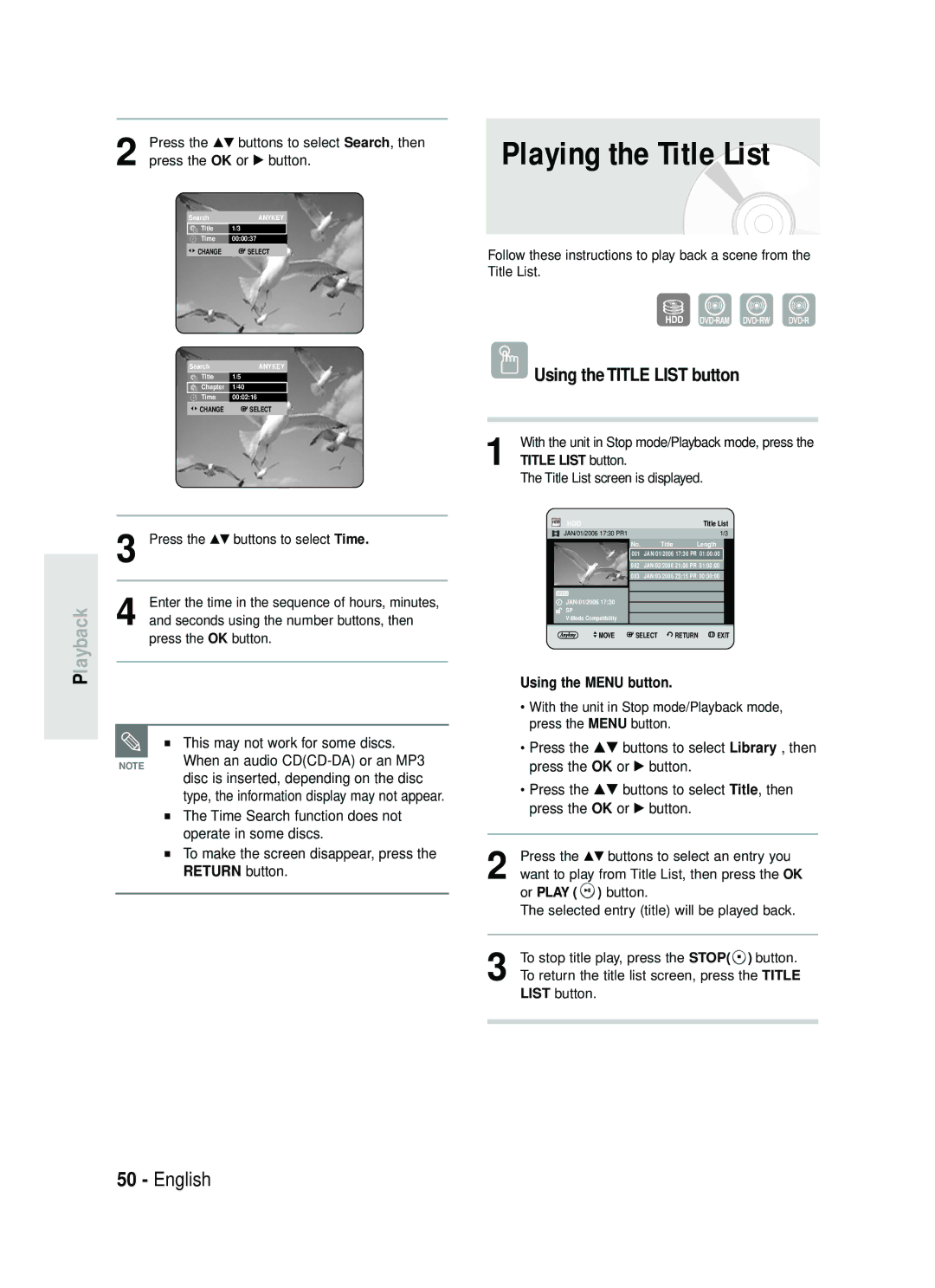 Samsung DVD-HR737/XEH manual Playing the Title List, Using the Title List button, Return button, Using the Menu button 