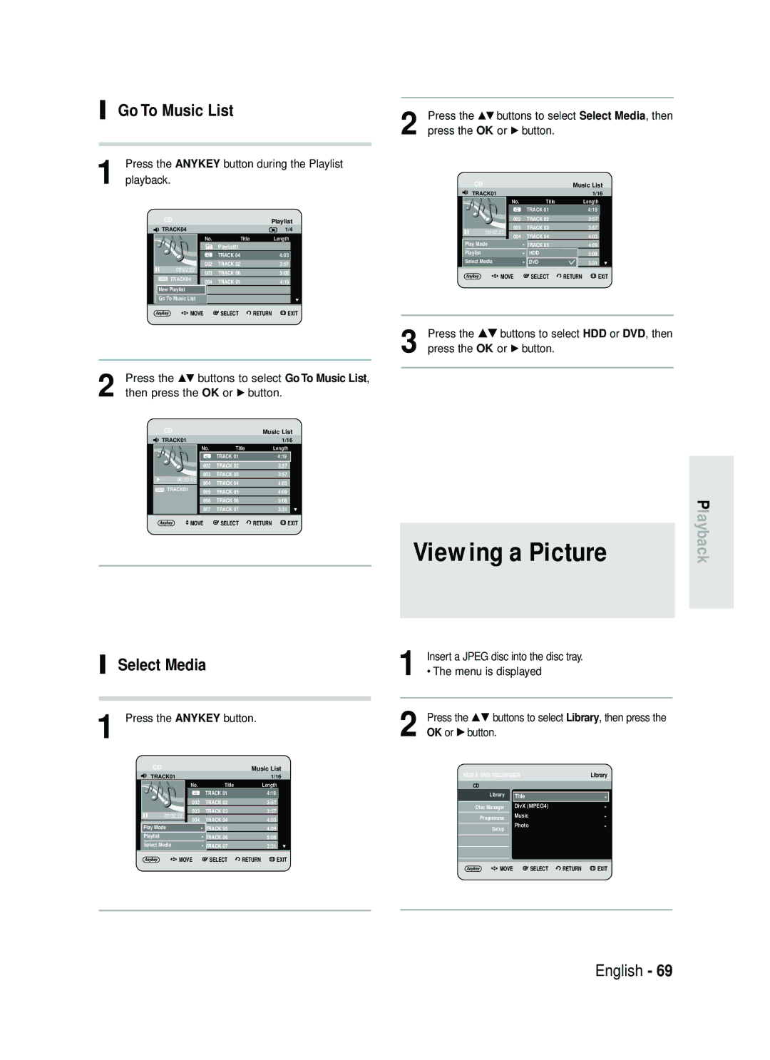 Samsung DVD-HR735/XEH Viewing a Picture, Select Media, Press the Anykey button, Insert a Jpeg disc into the disc tray 