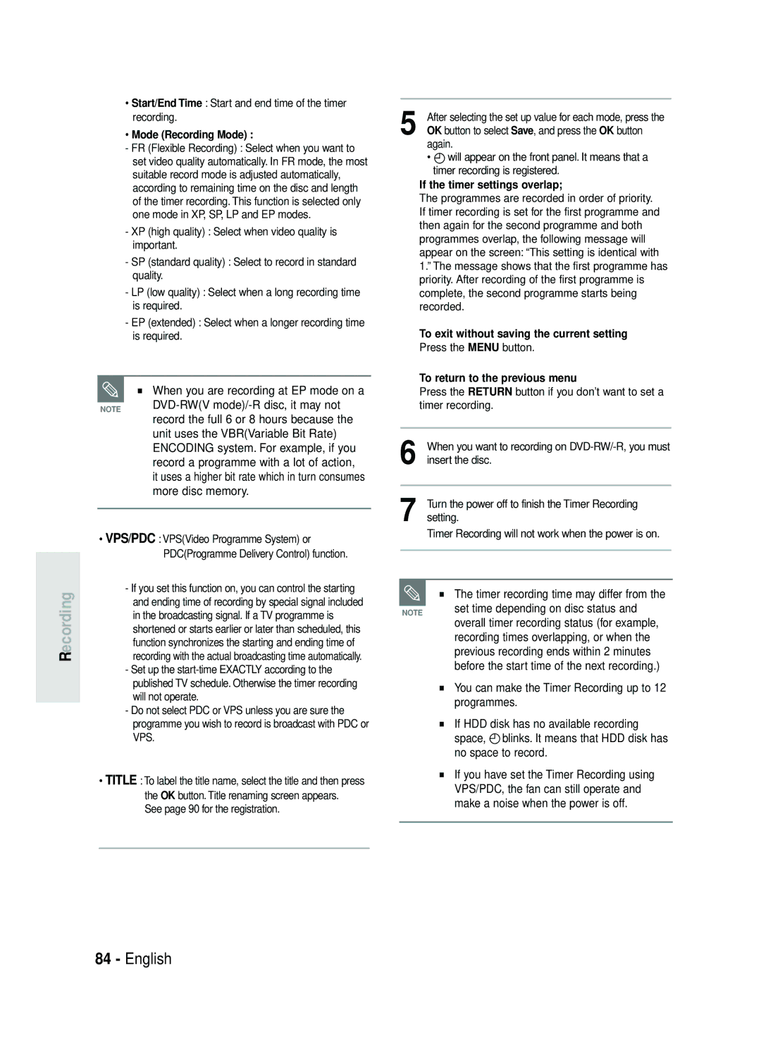 Samsung DVD-HR737/XEH, DVD-HR735/XEH manual More disc memory, Set time depending on disc status, Mode Recording Mode 