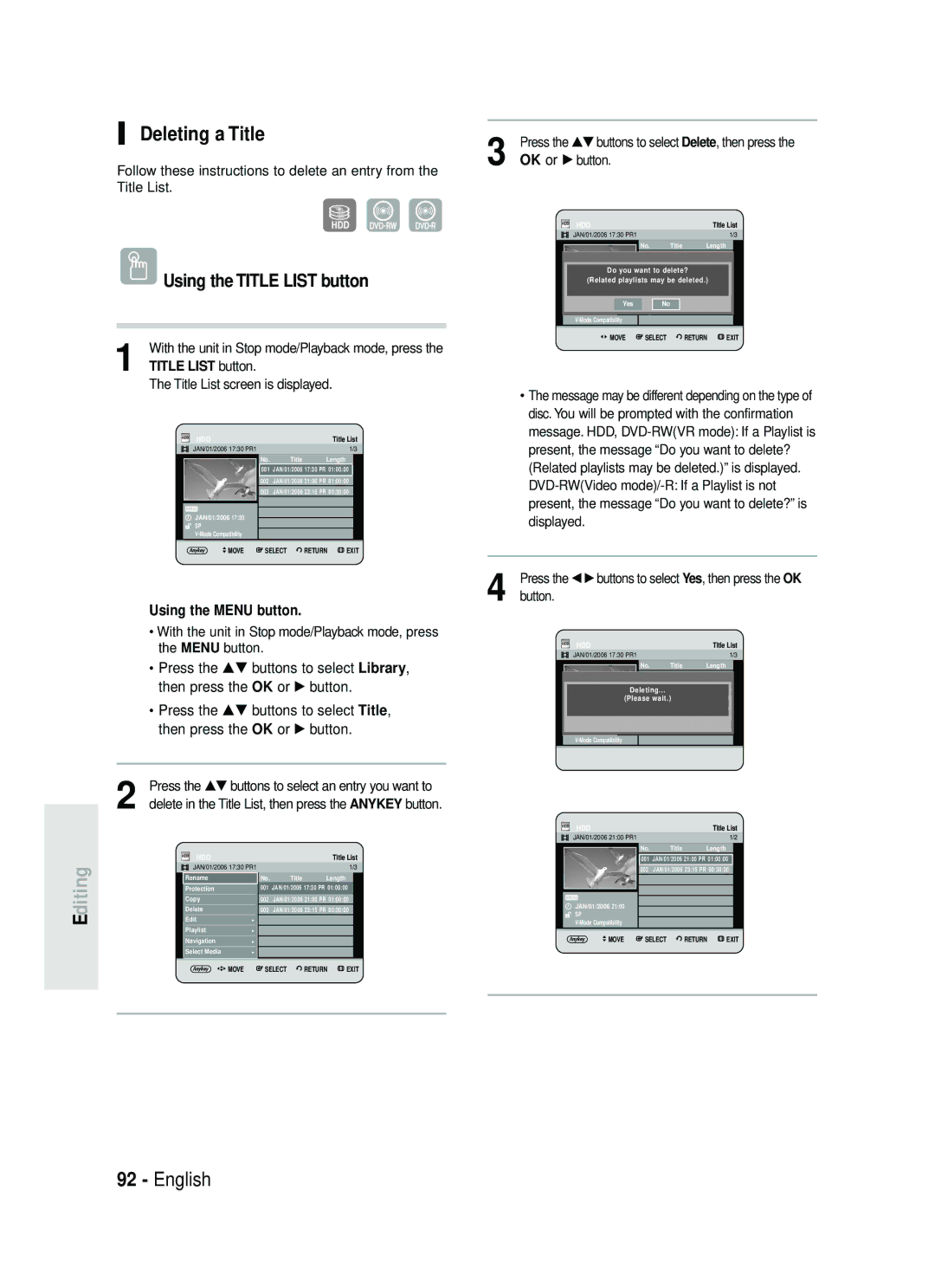 Samsung DVD-HR737/XEH manual Press the œ√buttons to select Yes, then press the OK button, Related playlists may be deleted 