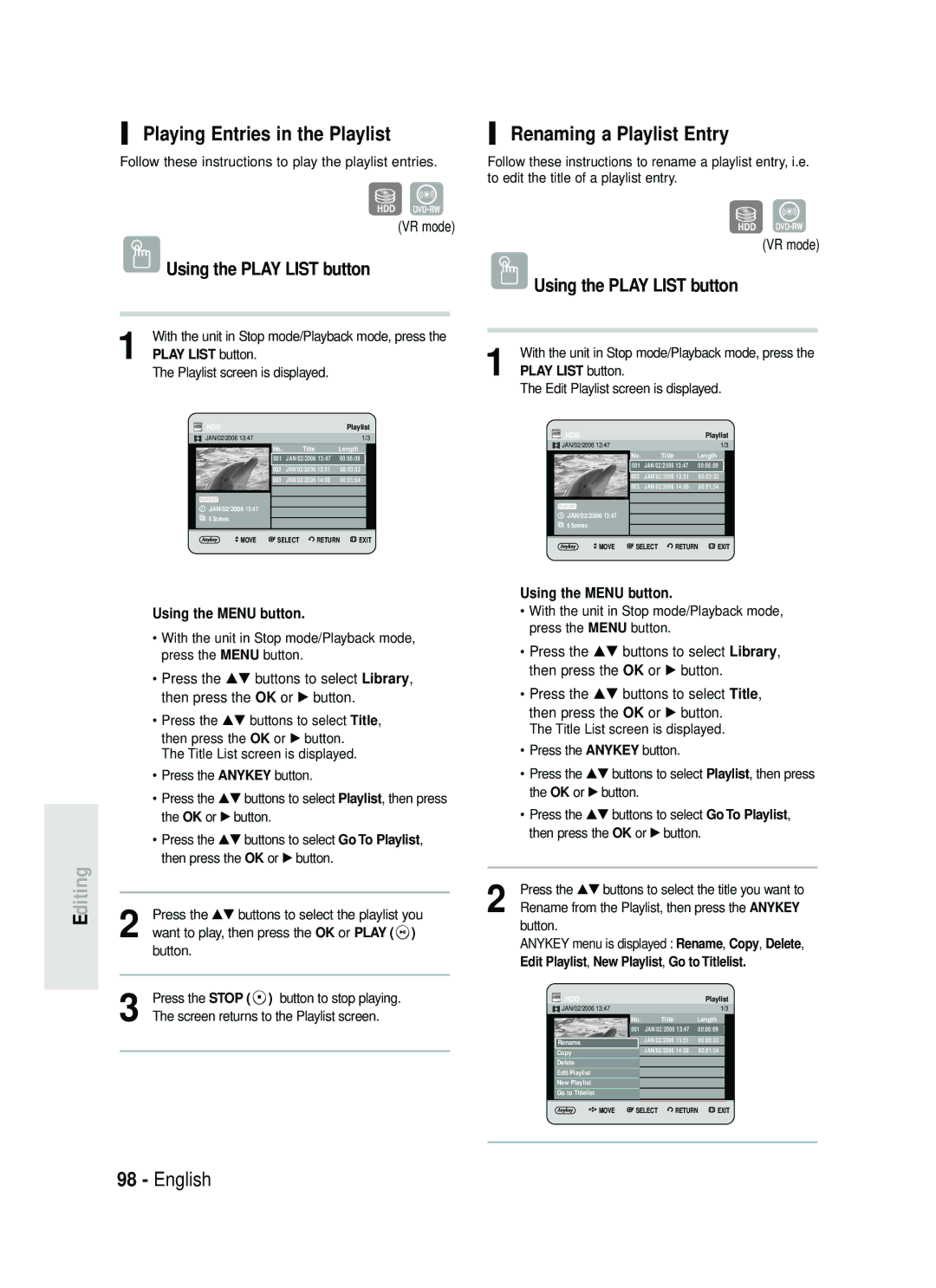 Samsung DVD-HR737/XEH manual Playing Entries in the Playlist, Renaming a Playlist Entry, Using the Play List button 