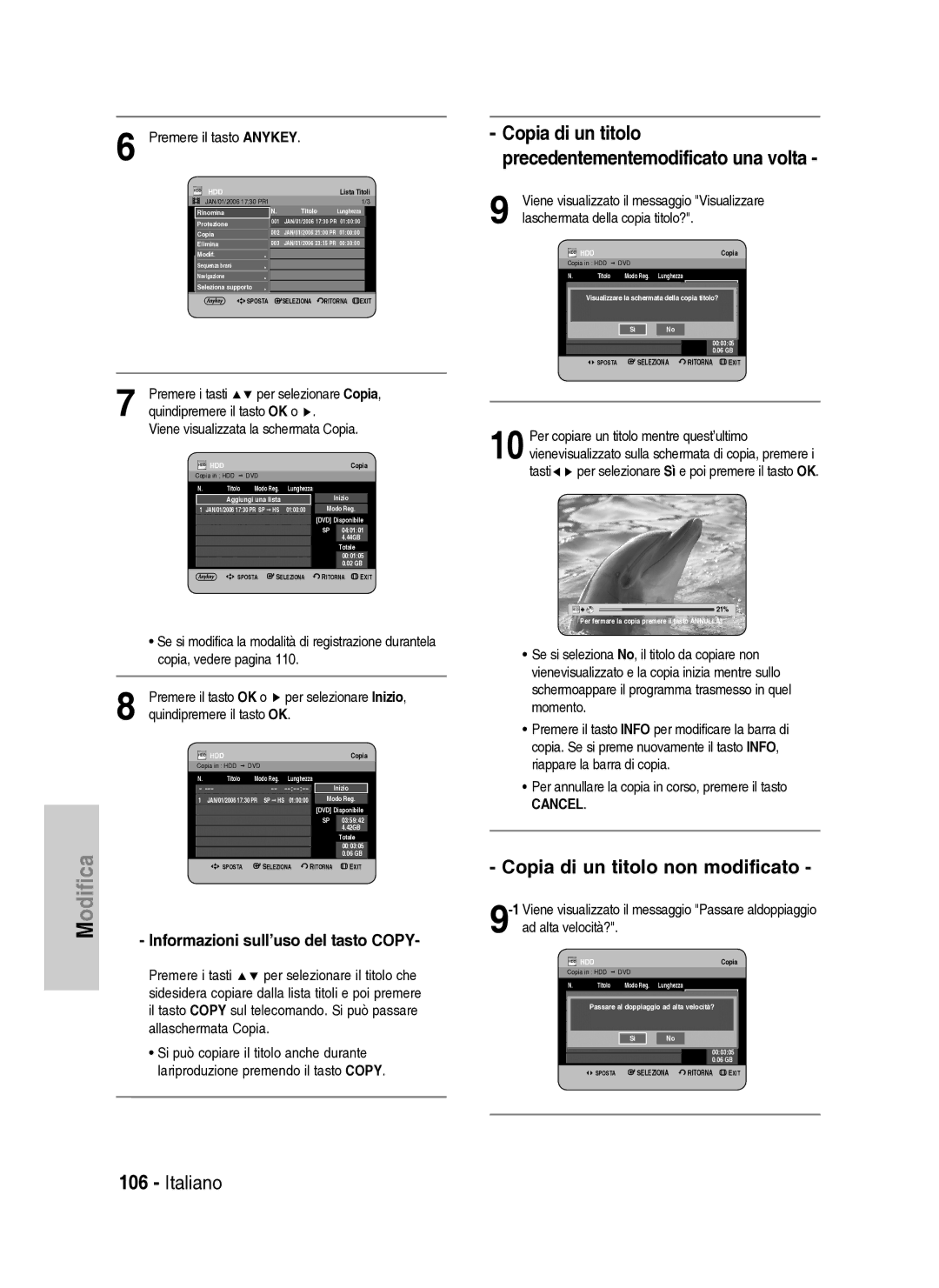 Samsung DVD-HR737/XET manual Copia di un titolo non modificato, Copia di un titolo precedentementemodificato una volta 