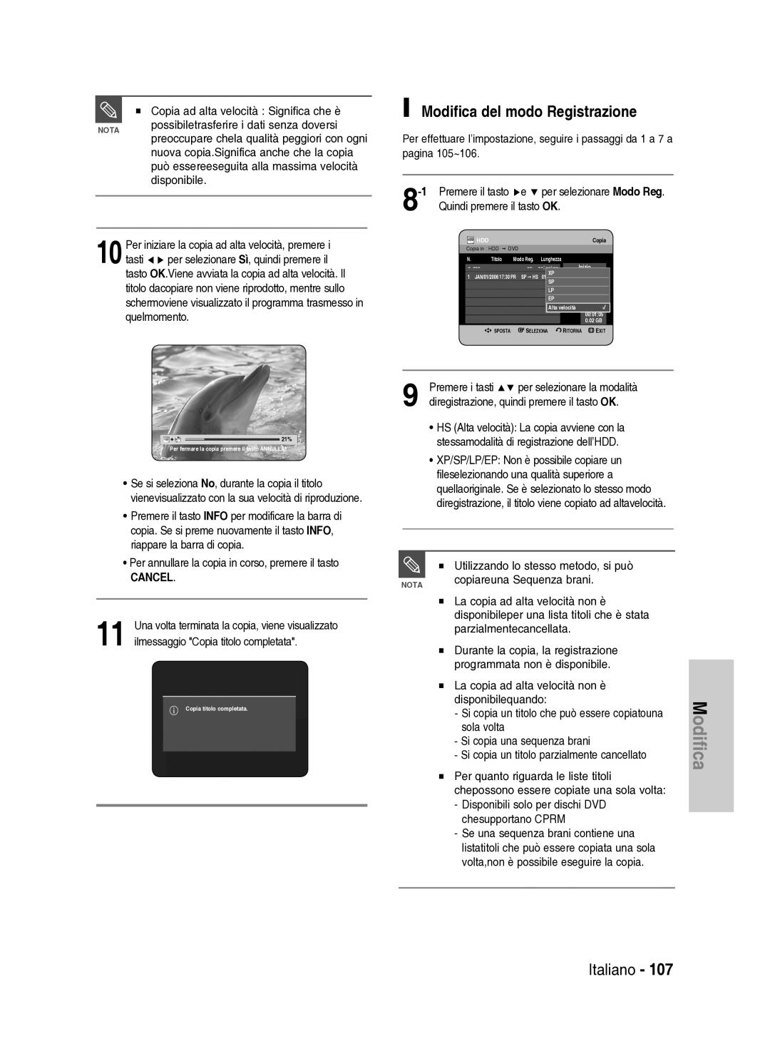 Samsung DVD-HR737/XET manual Modifica del modo Registrazione, Premere i tasti Per selezionare la modalità 