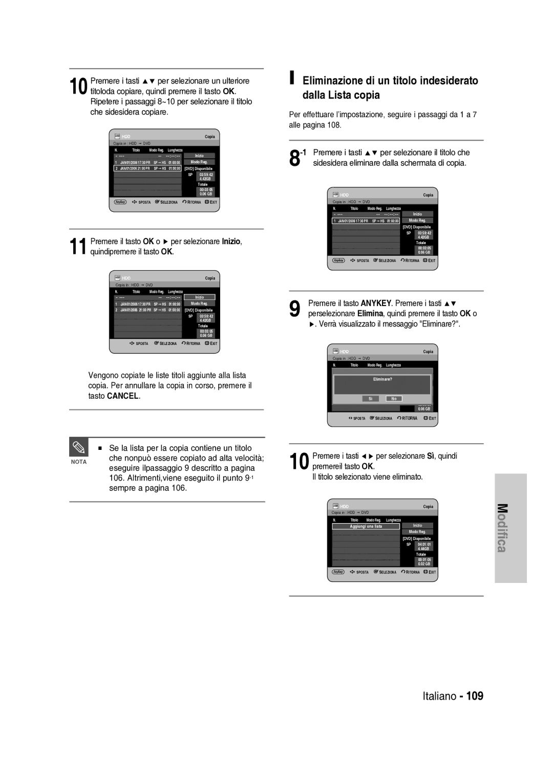 Samsung DVD-HR737/XET manual Eliminazione di un titolo indesiderato dalla Lista copia, Che sidesidera copiare 