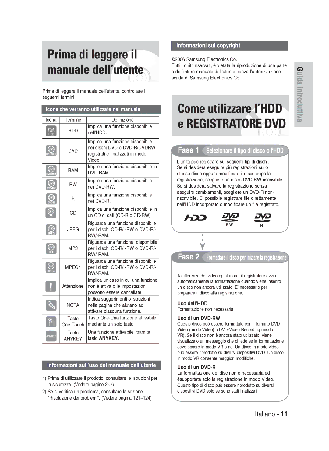 Samsung DVD-HR737/XET Icone che verranno utilizzate nel manuale, Fase 1 Selezionare il tipo di disco o l’HDD 