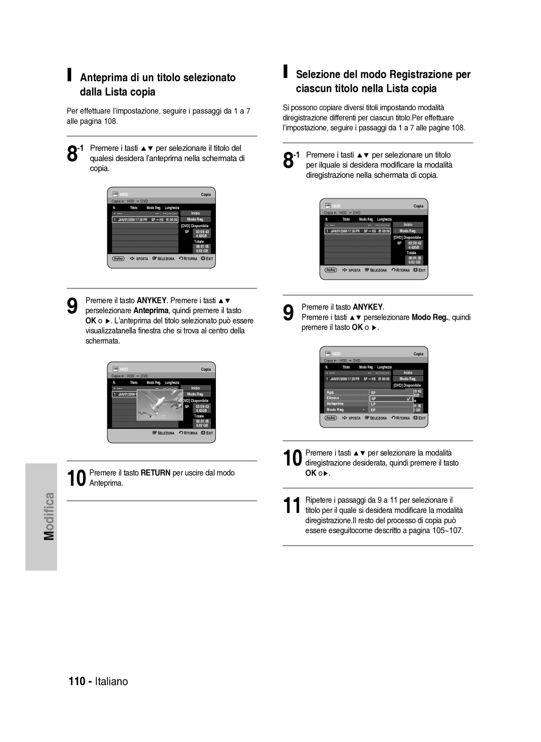 Samsung DVD-HR737/XET manual Anteprima di un titolo selezionato dalla Lista copia, Copia, Per selezionare un titolo 