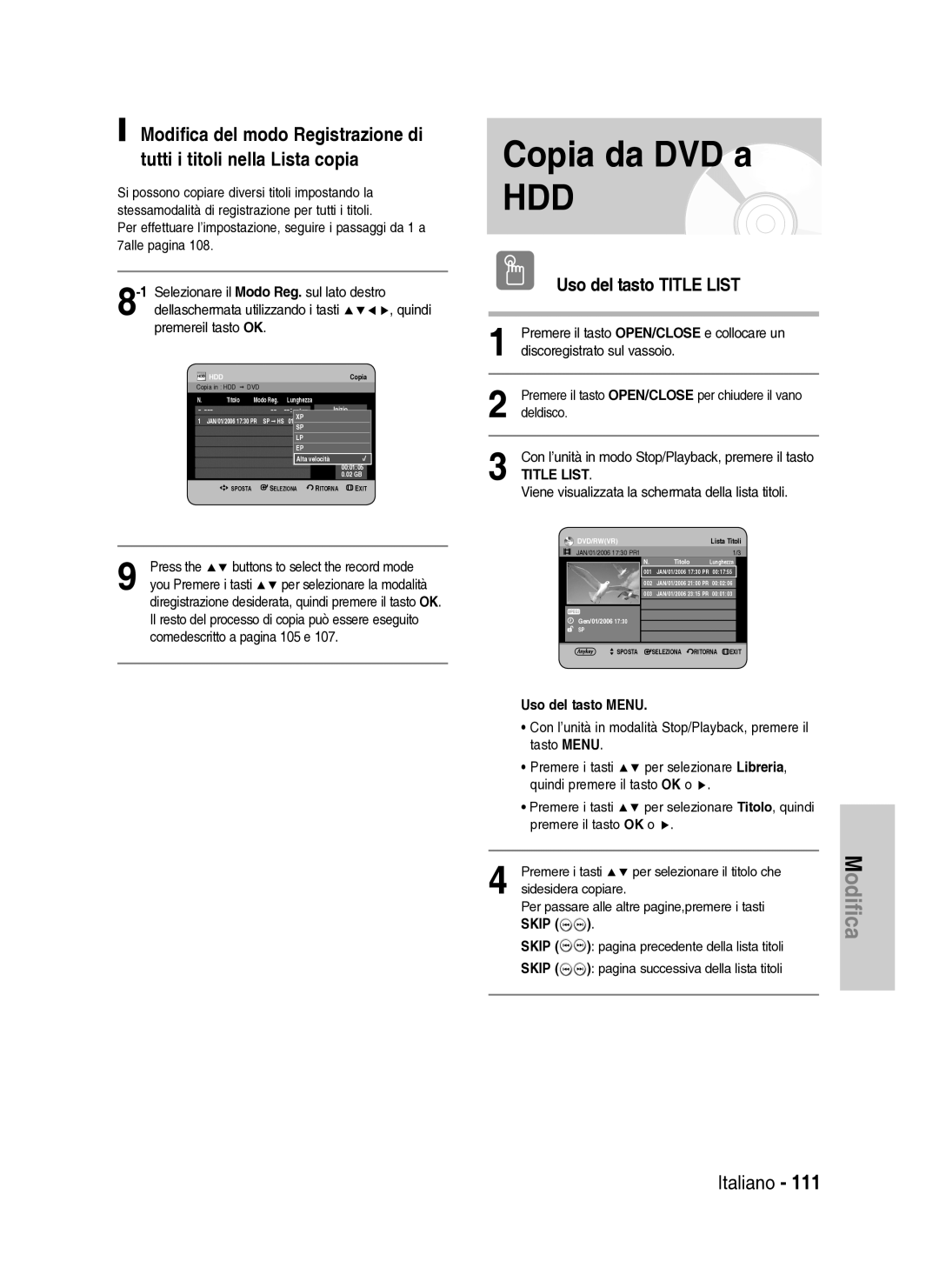 Samsung DVD-HR737/XET manual Copia da DVD a, 1Selezionare il Modo Reg. sul lato destro, Quindi, Premereil tasto OK 