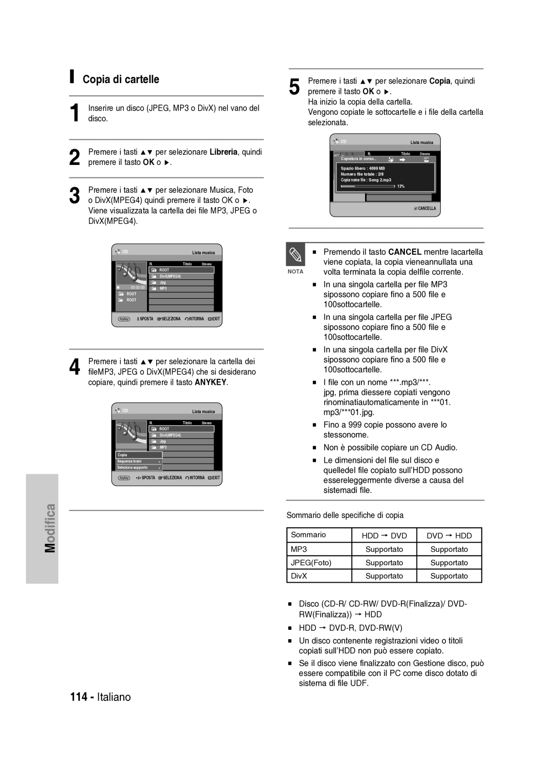 Samsung DVD-HR737/XET manual Copia di cartelle, Copiare, quindi premere il tasto Anykey, Selezionata 