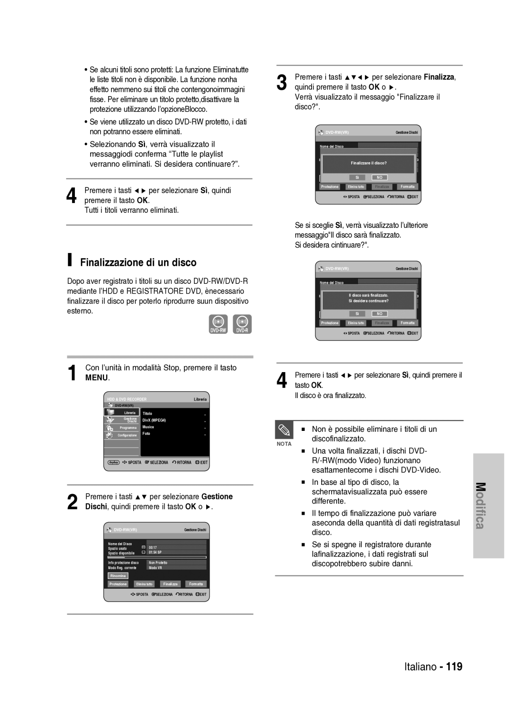 Samsung DVD-HR737/XET manual Finalizzazione di un disco, Disco?, Si desidera cintinuare? 