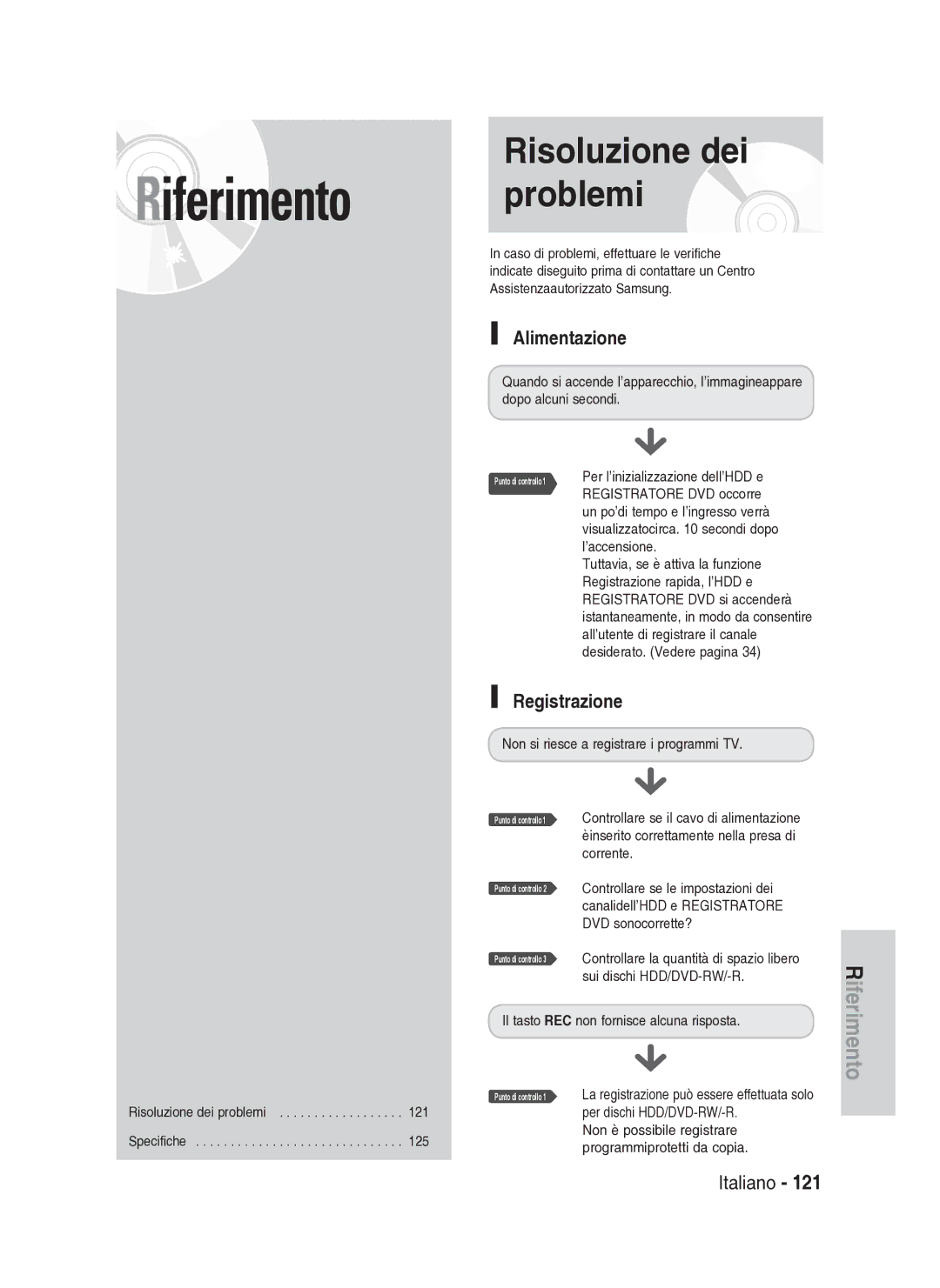 Samsung DVD-HR737/XET manual Risoluzione dei problemi, Alimentazione, Registrazione 