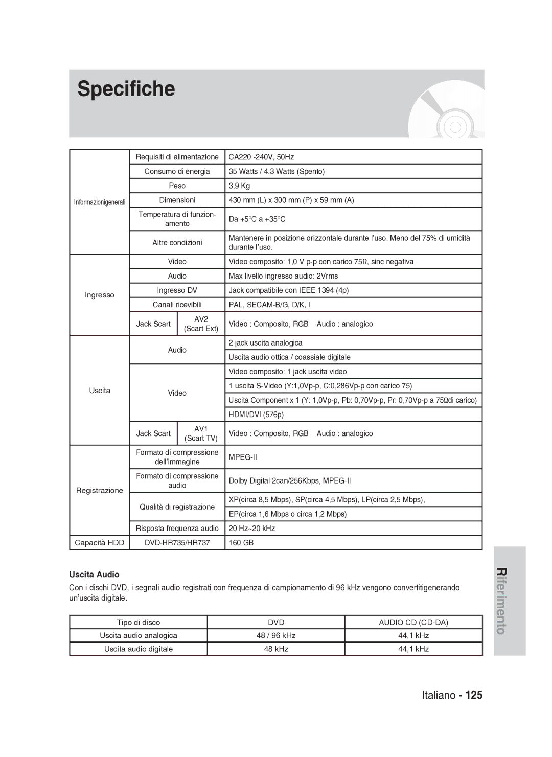 Samsung DVD-HR737/XET manual Specifiche 