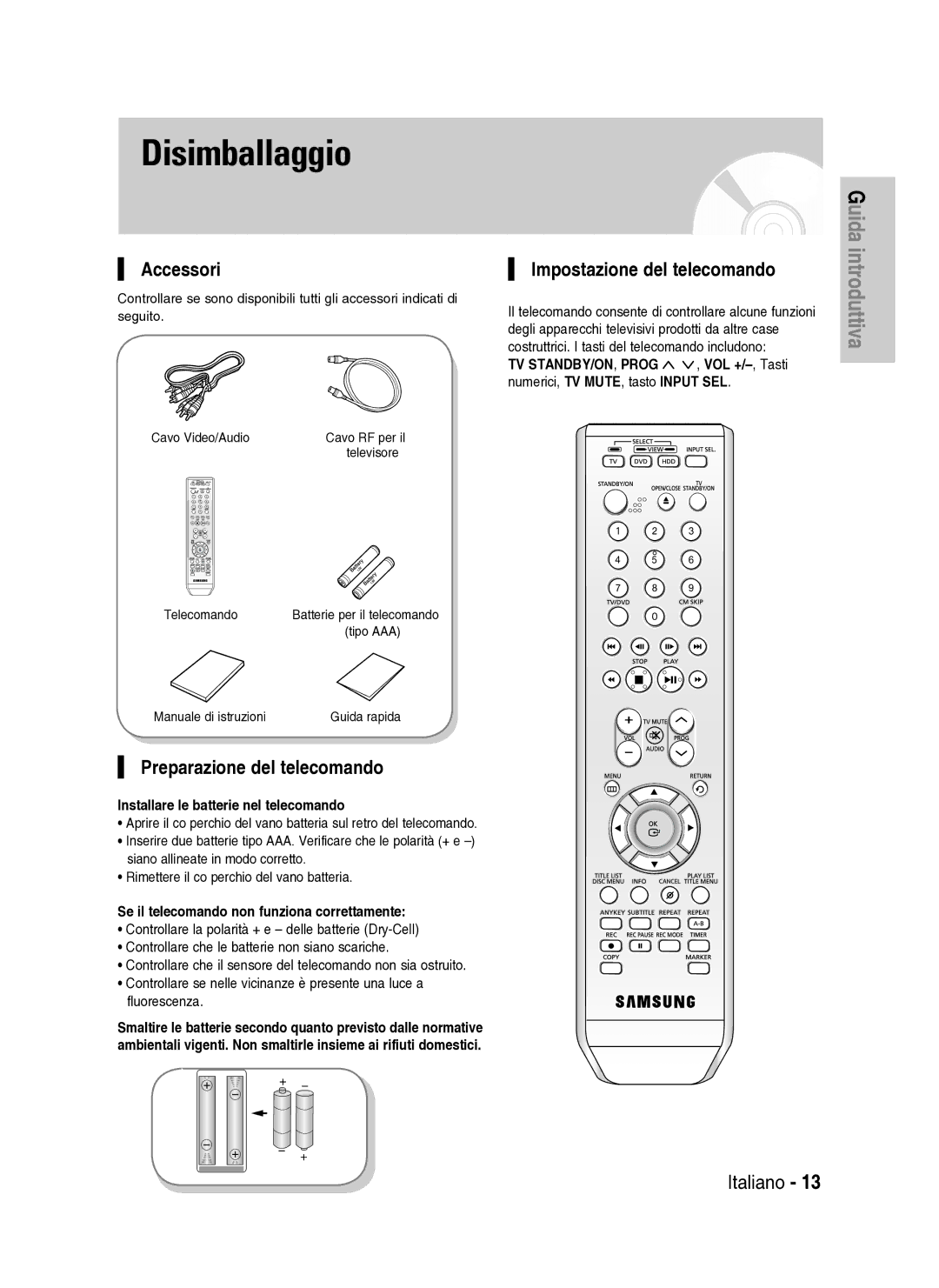 Samsung DVD-HR737/XET manual Accessori, Preparazione del telecomando, Impostazione del telecomando 