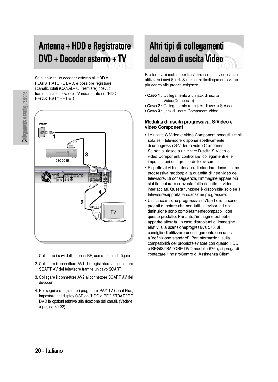 Samsung DVD-HR737/XET manual Modalità di uscita progressiva, S-Video e video Component 