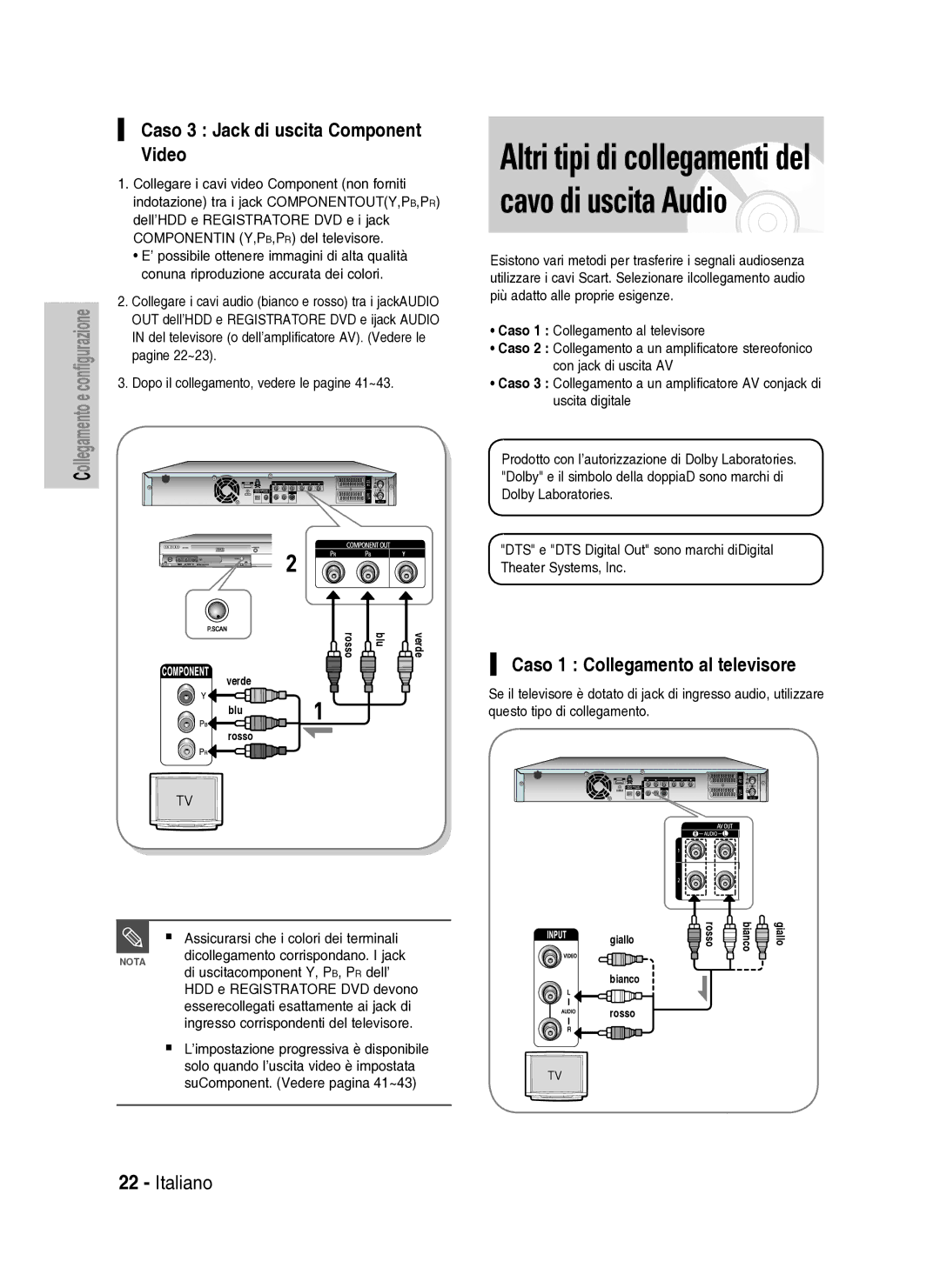 Samsung DVD-HR737/XET manual Caso 3 Jack di uscita Component Video, Caso 1 Collegamento al televisore 