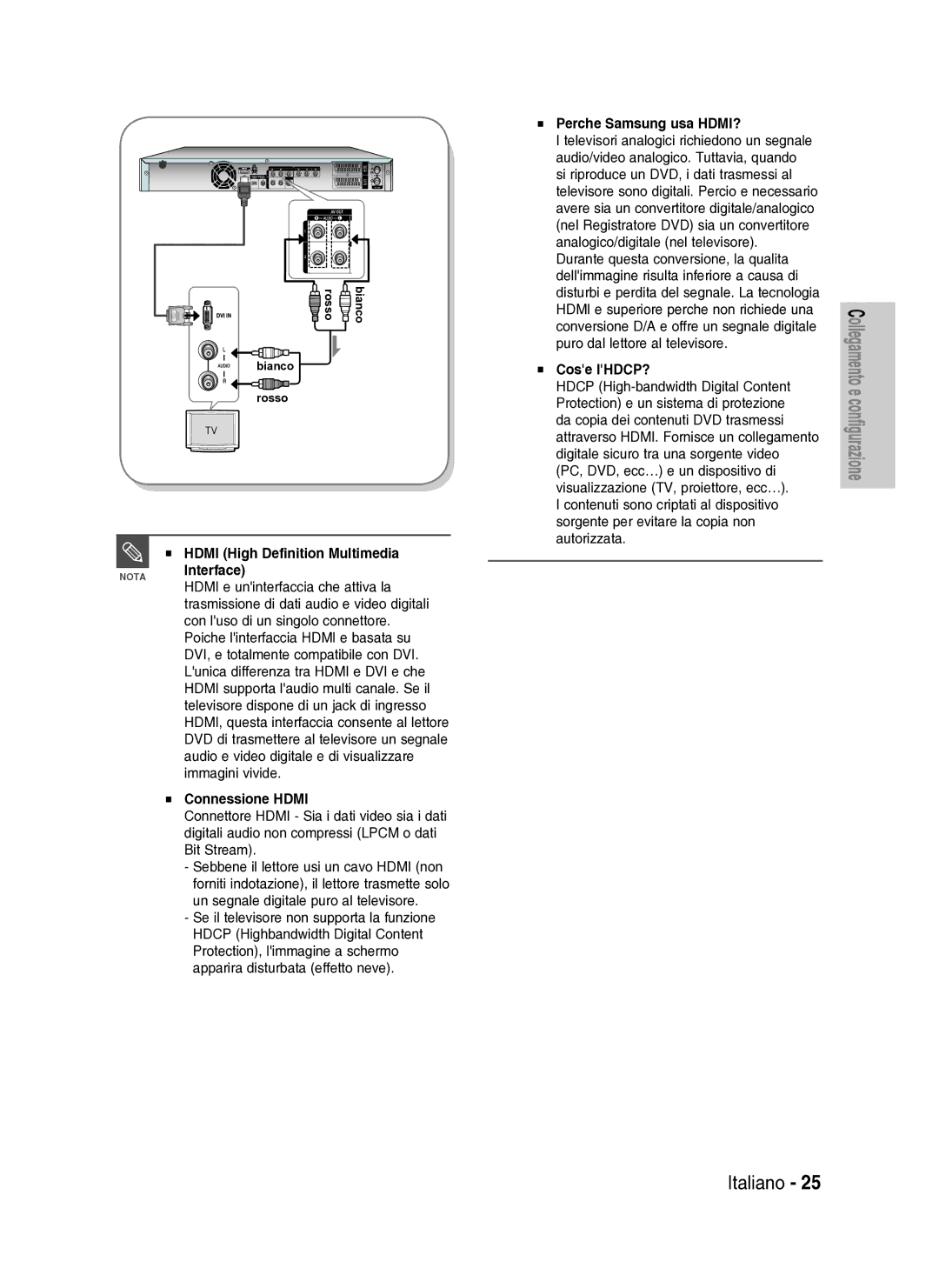 Samsung DVD-HR737/XET manual Hdmi High Definition Multimedia Nota Interface, Connessione Hdmi, Perche Samsung usa HDMI? 