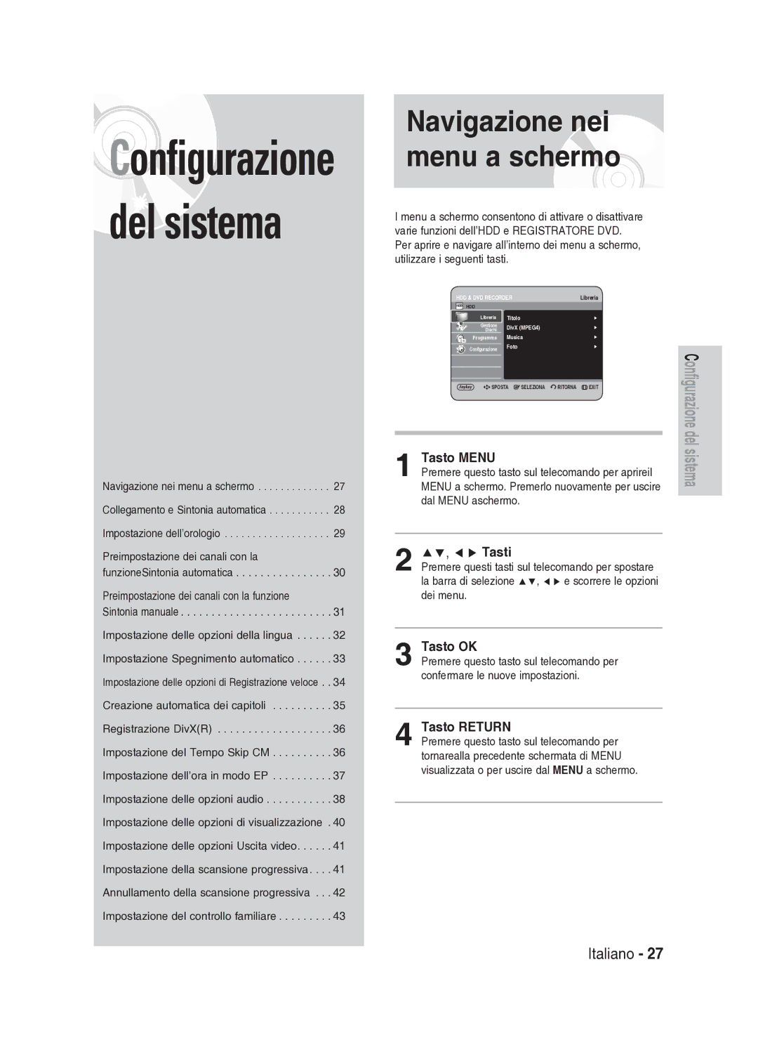 Samsung DVD-HR737/XET manual Tasto Menu, Tasti, Tasto OK, Tasto Return, Dei menu 