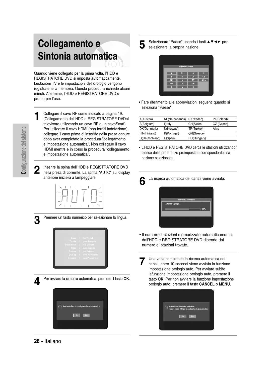 Samsung DVD-HR737/XET manual Premere un tasto numerico per selezionare la lingua, Selezione Paese 