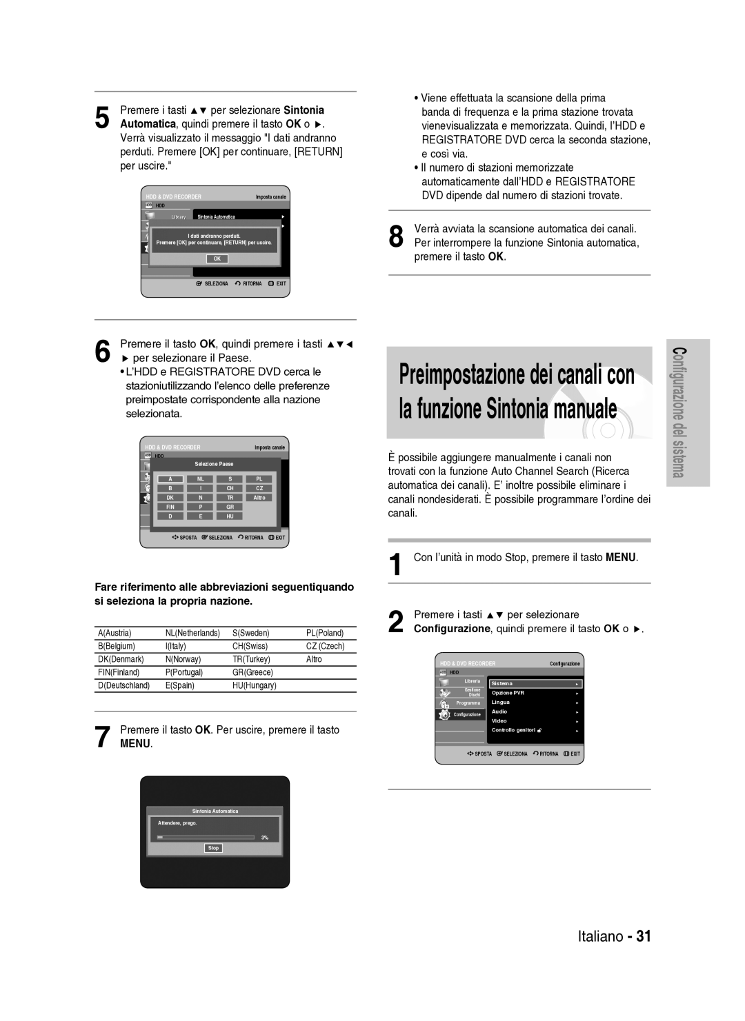 Samsung DVD-HR737/XET manual Premere i tasti Per selezionare Sintonia, Per uscire, Canali 