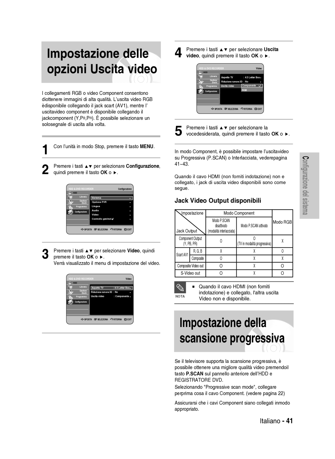 Samsung DVD-HR737/XET manual Jack Video Output disponibili, Video, quindi premere il tasto OK o f 