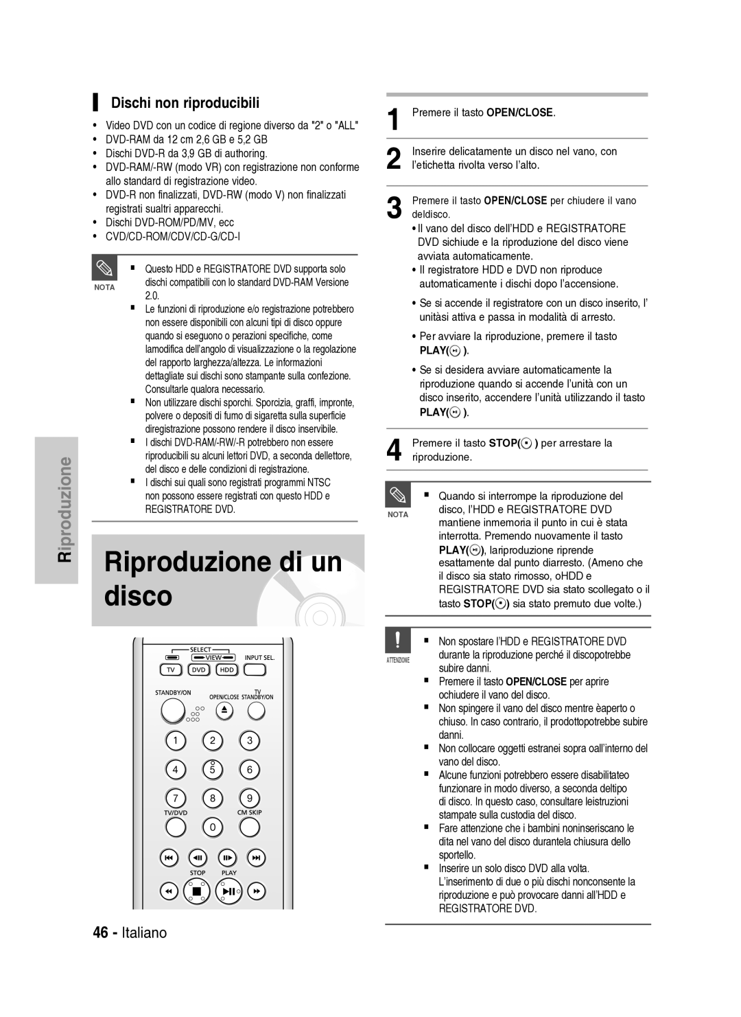 Samsung DVD-HR737/XET manual Riproduzione di un disco, Dischi non riproducibili 