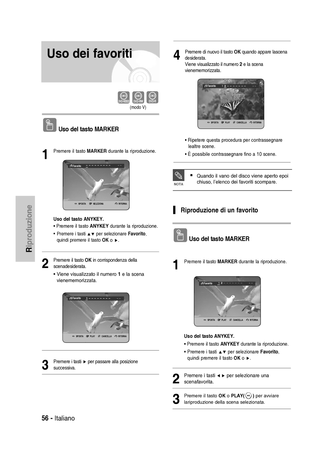 Samsung DVD-HR737/XET Uso dei favoriti, Riproduzione di un favorito, Premere i tasti Per selezionare una Scenafavorita 