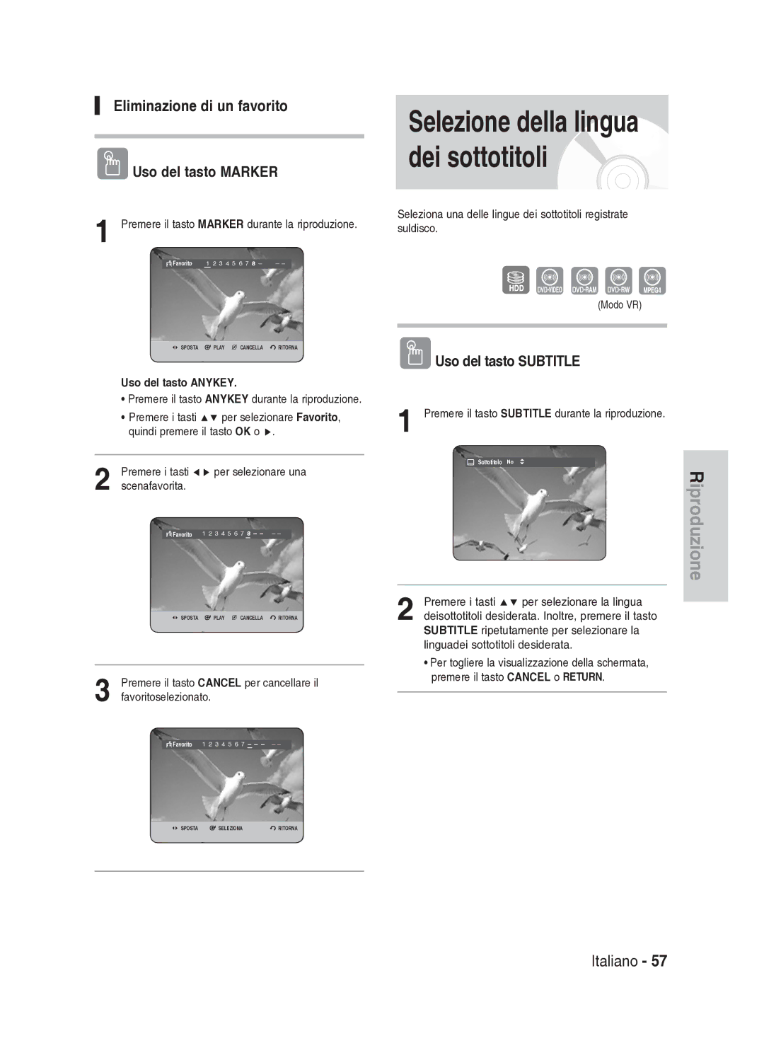 Samsung DVD-HR737/XET manual Eliminazione di un favorito, Uso del tasto Subtitle, Modo VR 