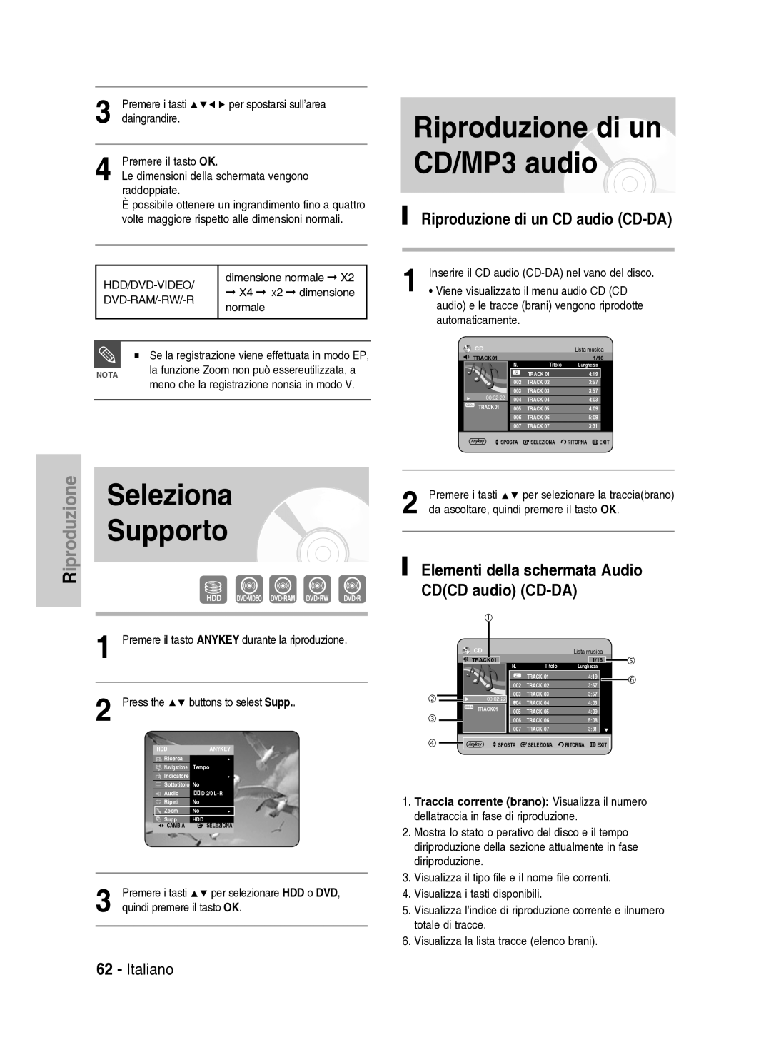 Samsung DVD-HR737/XET manual Riproduzione di un CD/MP3 audio, Seleziona Supporto, Riproduzione di un CD audio CD-DA, Press 