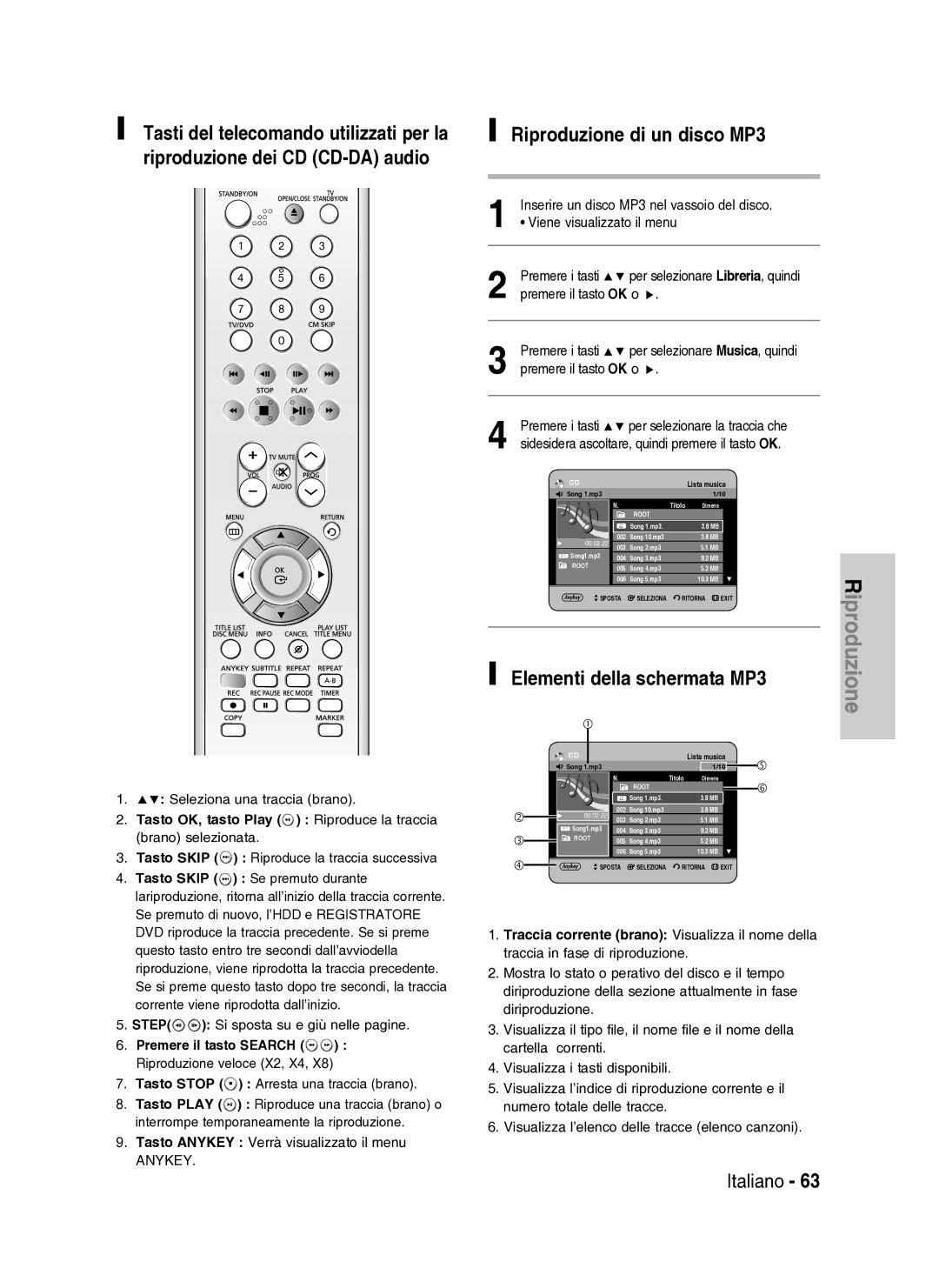 Samsung DVD-HR737/XET manual Riproduzione di un disco MP3, Tasto Anykey Verrà visualizzato il menu 