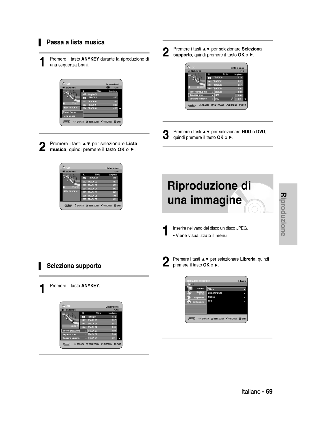 Samsung DVD-HR737/XET manual Riproduzione di, Una immagine, Passa a lista musica, Seleziona supporto 