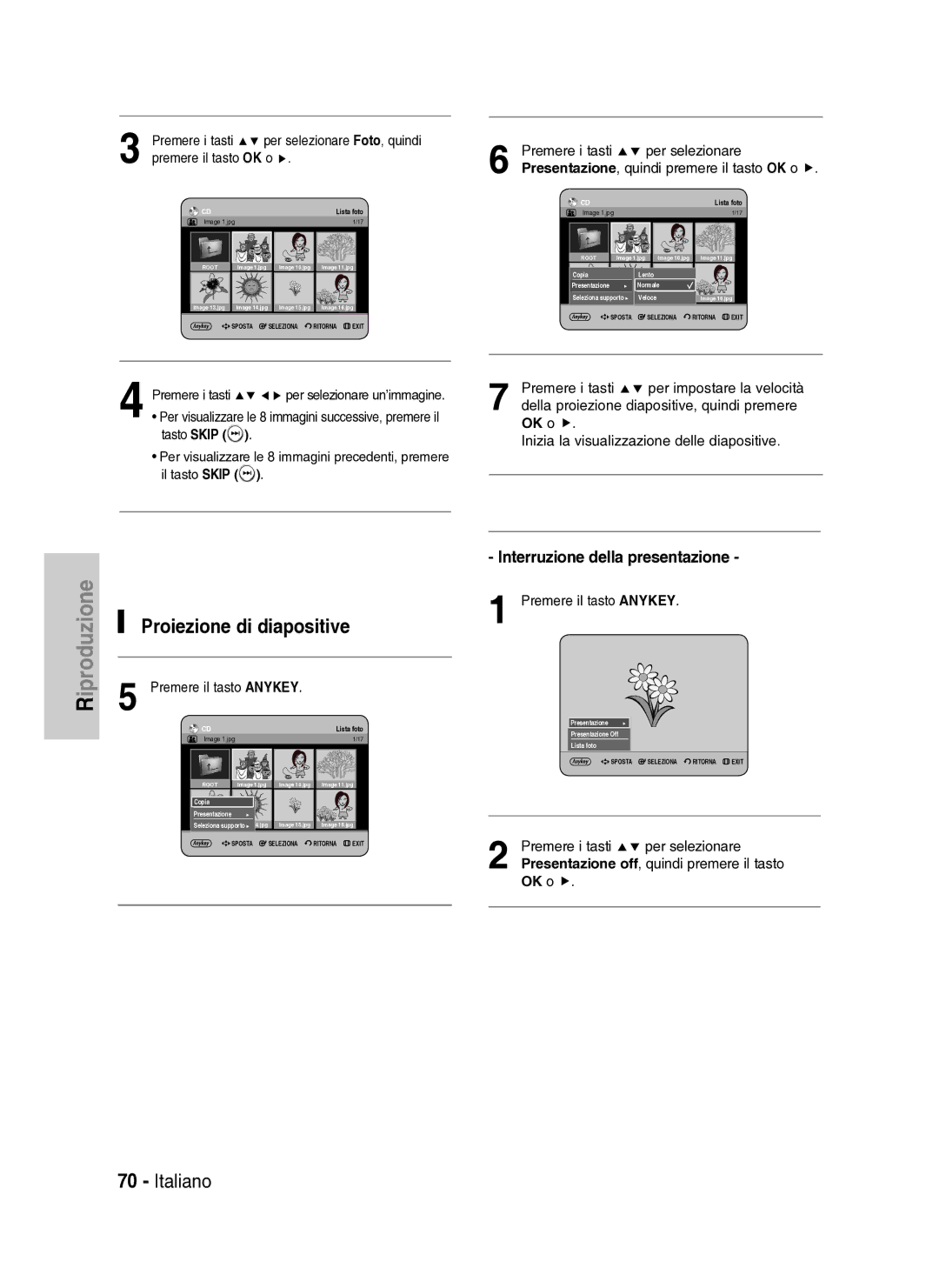 Samsung DVD-HR737/XET Proiezione di diapositive, Interruzione della presentazione, Premere i tasti Per selezionare, OK o 