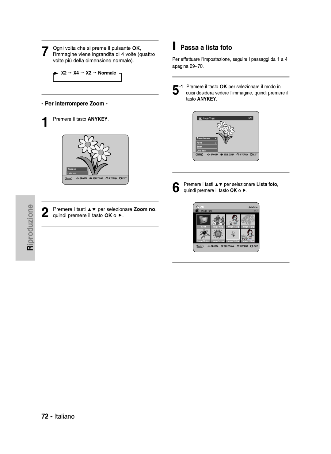 Samsung DVD-HR737/XET manual Passa a lista foto, Per interrompere Zoom, Quindi premere il tasto OK o f 