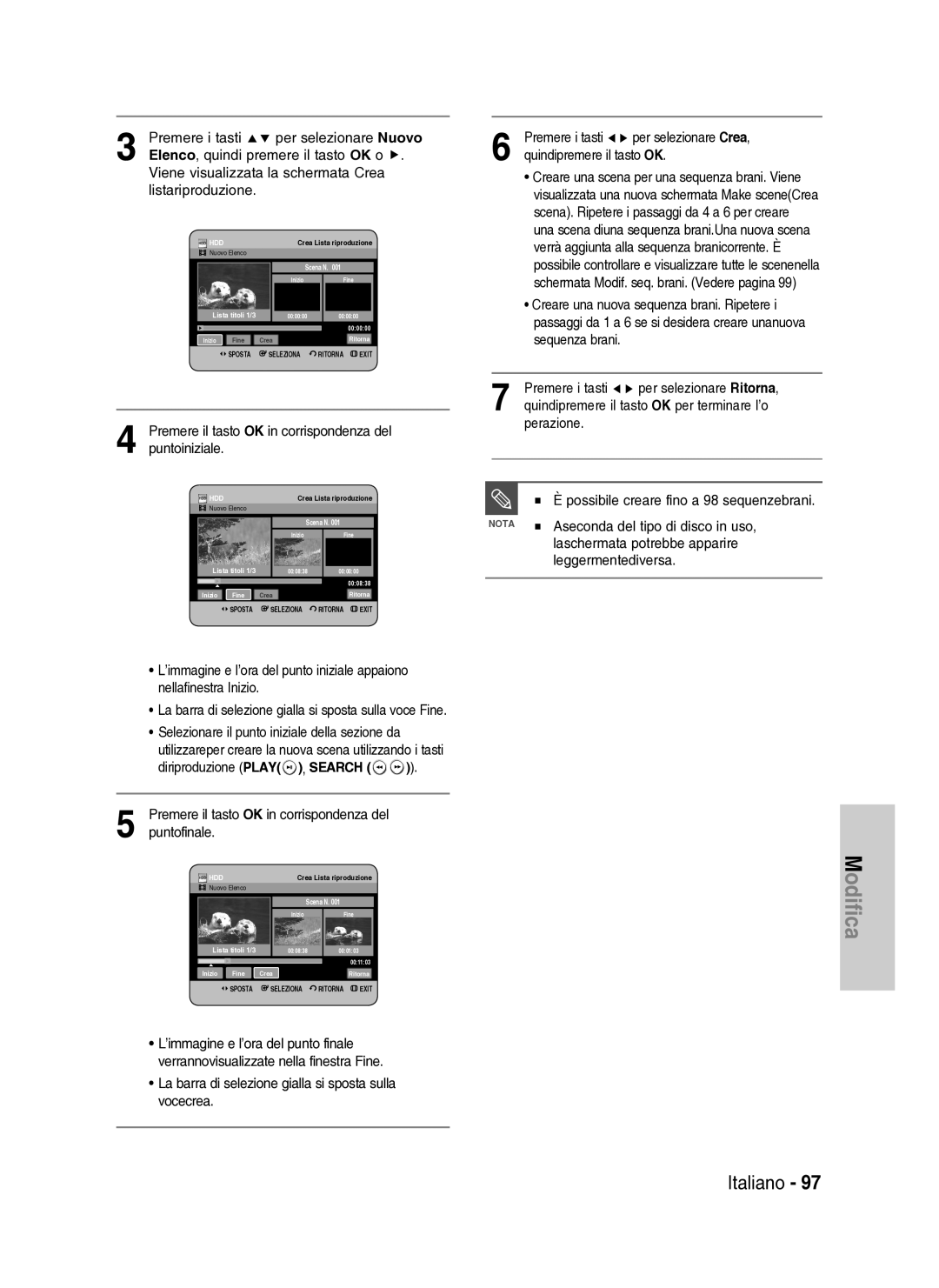 Samsung DVD-HR737/XET manual Elenco, quindi premere il tasto OK o, Viene visualizzata la schermata Crea, Puntofinale 