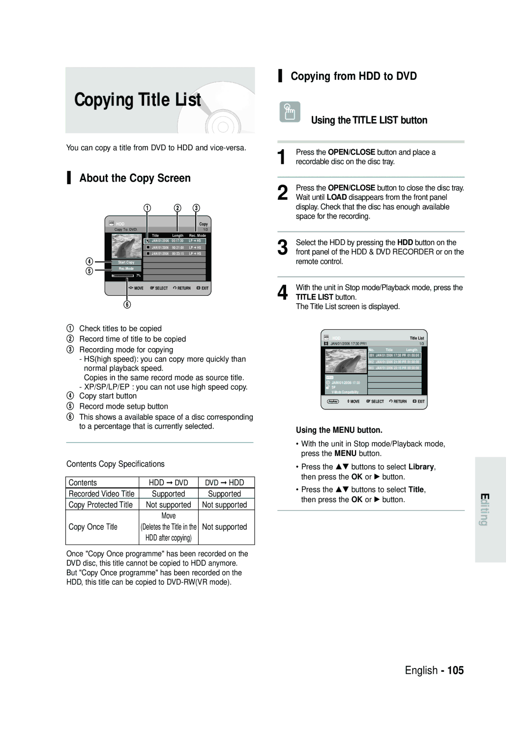 Samsung DVD-HR738 instruction manual Copying Title List, About the Copy Screen, Copying from HDD to DVD 