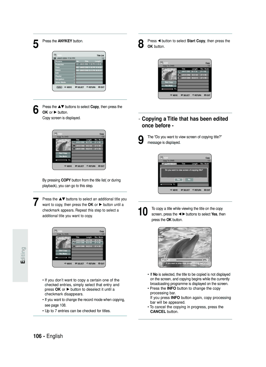 Samsung DVD-HR738 instruction manual Copying a Title that has been edited once before 