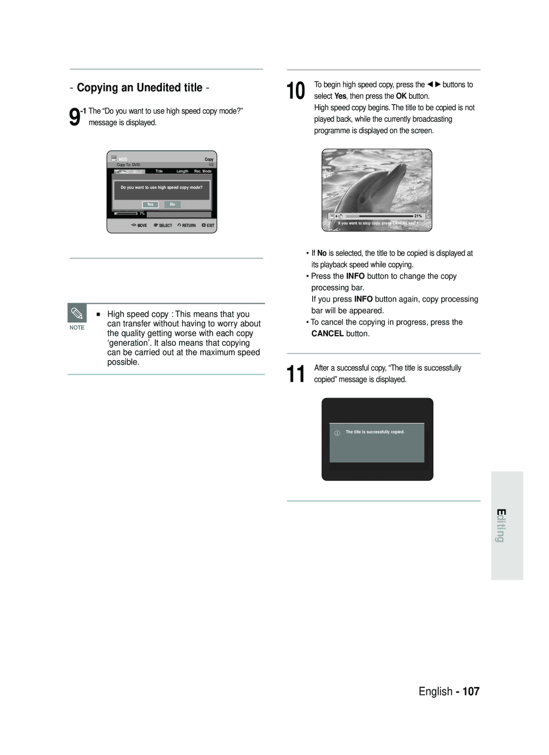 Samsung DVD-HR738 instruction manual Copying an Unedited title, High speed copy This means that you, Cancel button 