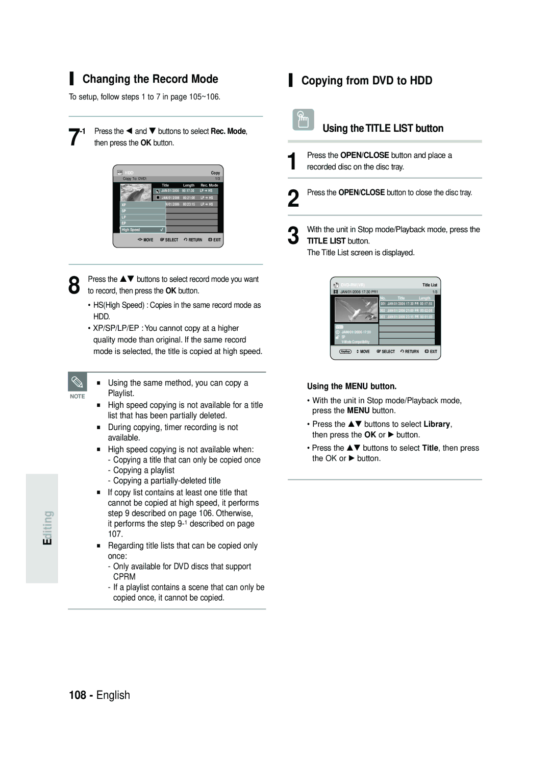 Samsung DVD-HR738 Changing the Record Mode, Copying from DVD to HDD, Playlist, Using the same method, you can copy a 