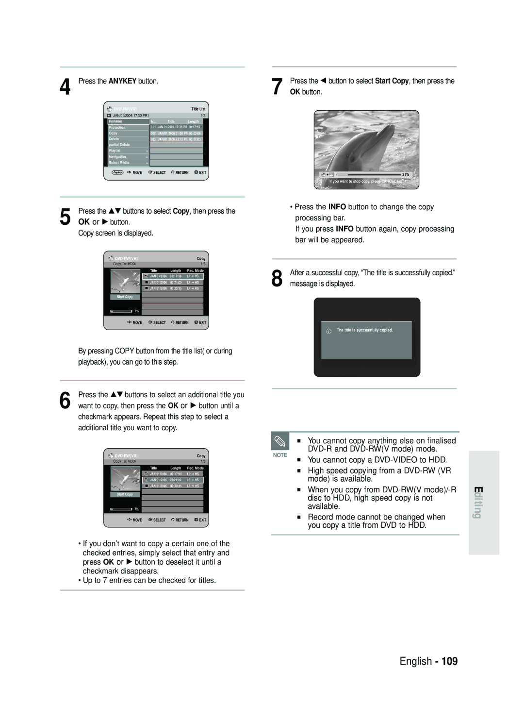 Samsung DVD-HR738 Mode is available, Record mode cannot be changed when, You cannot copy anything else on finalised 