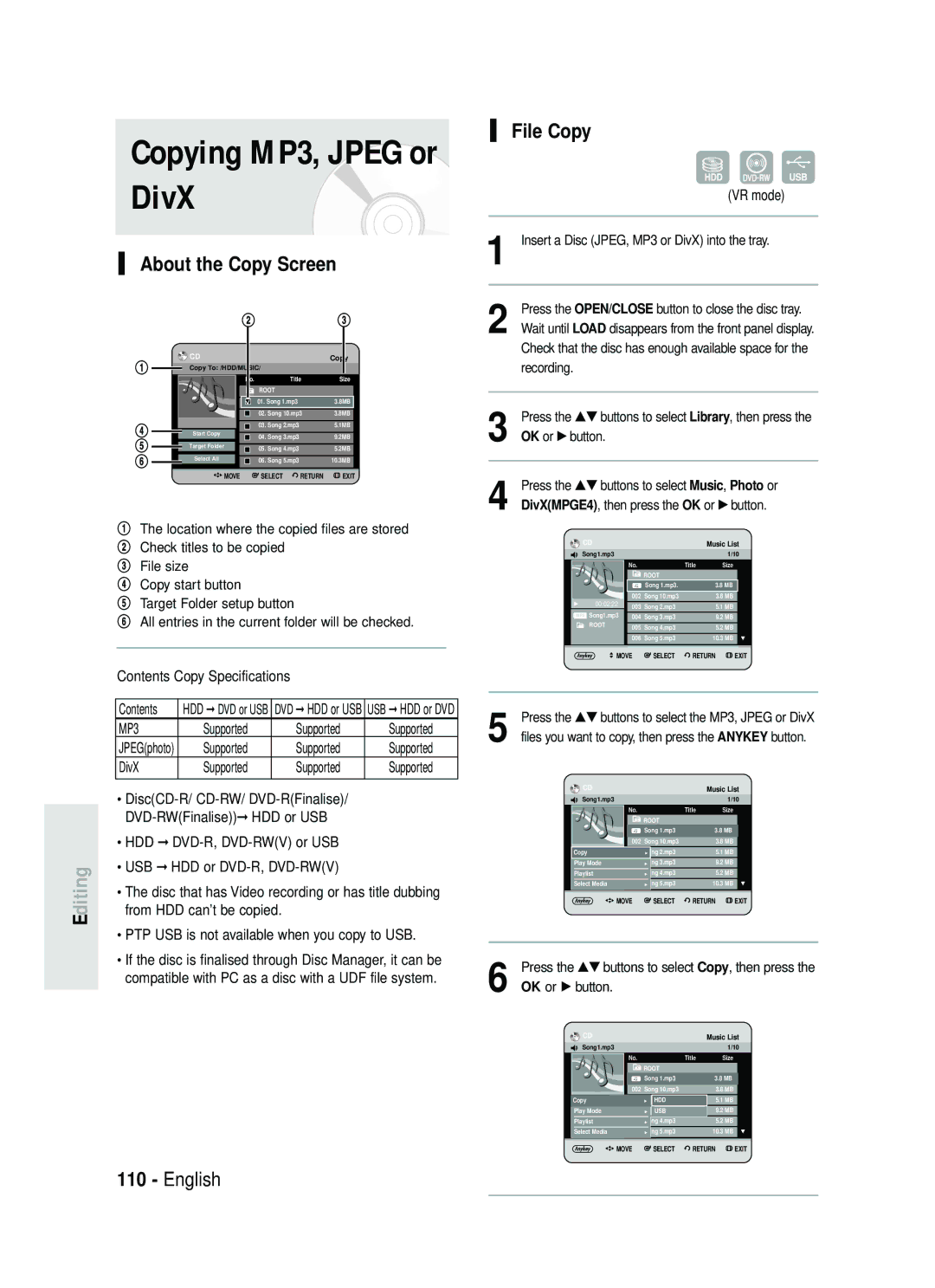 Samsung DVD-HR738 instruction manual Copying MP3, Jpeg or DivX, File Copy 