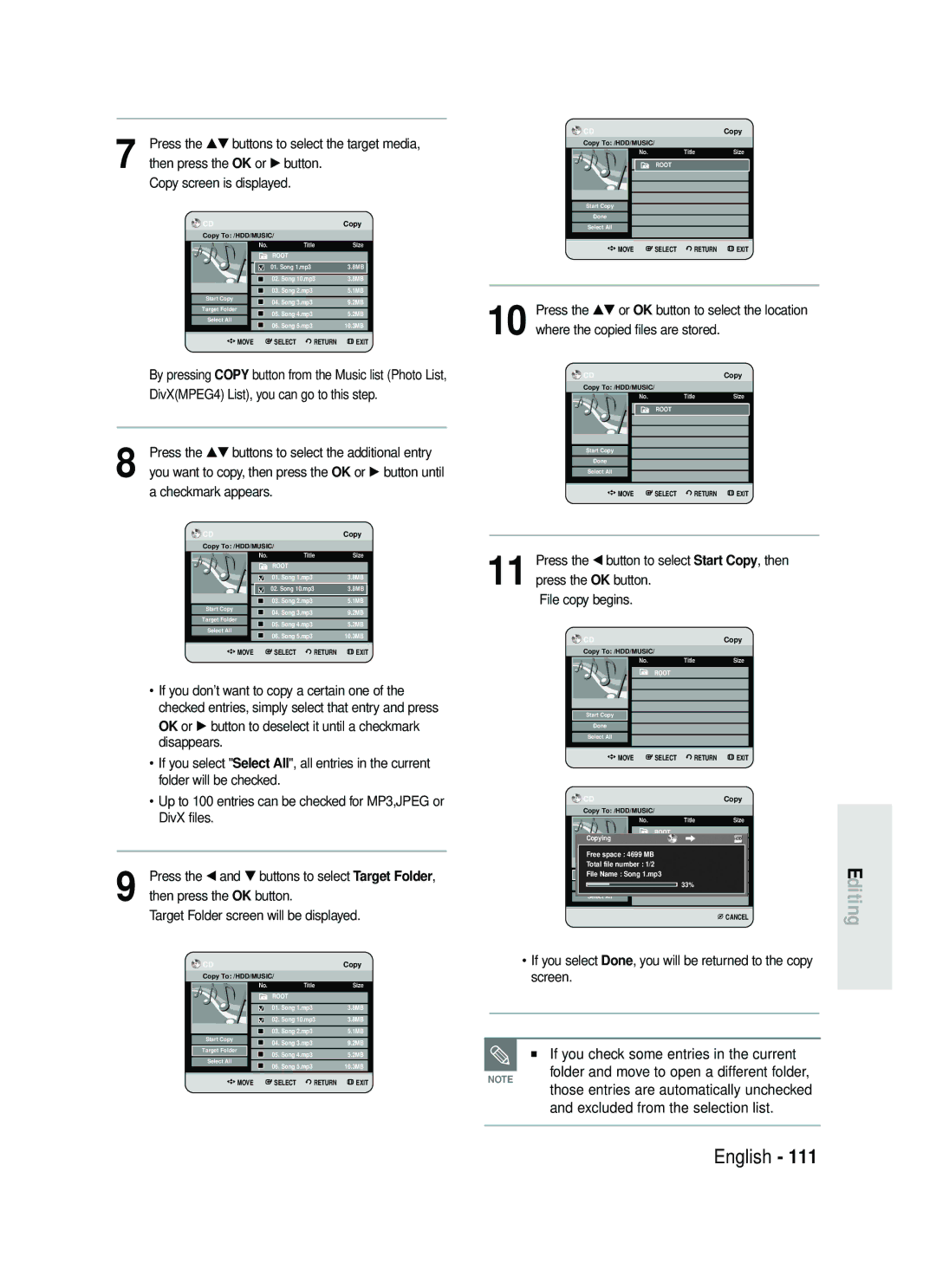 Samsung DVD-HR738 Press the …† buttons to select the target media, Press the œ button to select Start Copy, then 