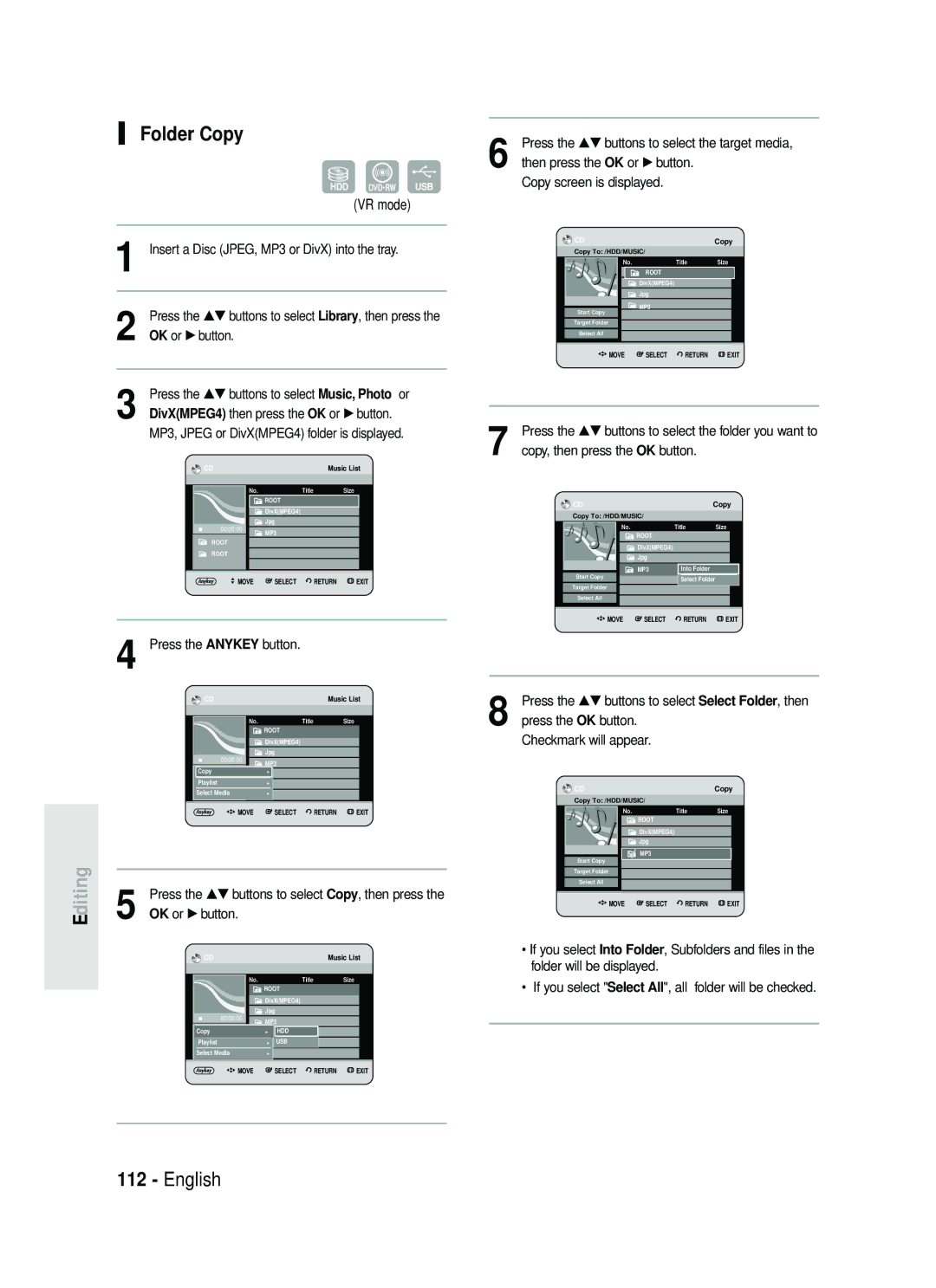 Samsung DVD-HR738 instruction manual Diting E, Folder Copy, Press the …† buttons to select Music, Photo or 